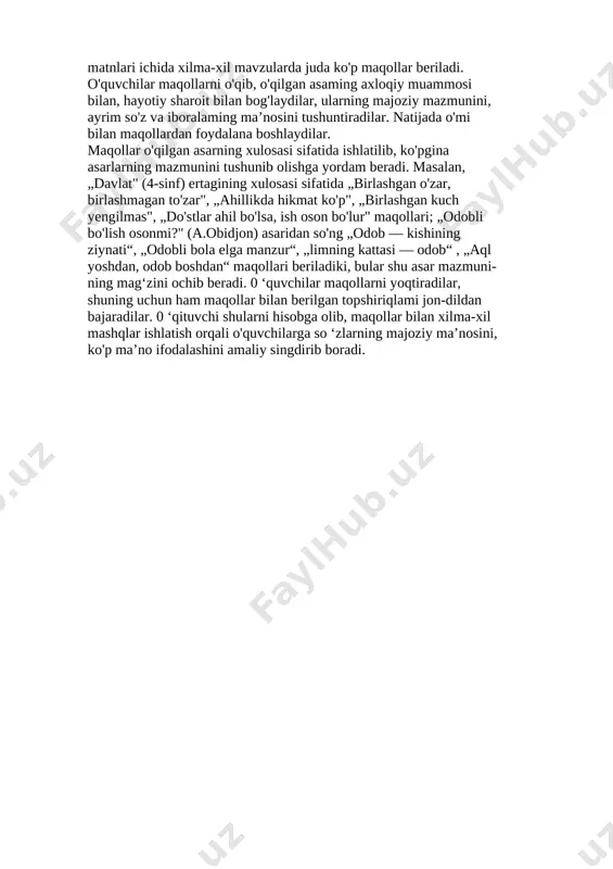 i, keyin maxsus mashqlar ishlatiladi: 1.berilgan so‘zlarga antonim tanlash. otni o'tganda:azob - ..., do'stlik - ..., oq - ..., yoshlik - . .., sifatni o'tganda: dangasa - ... , anqov - ..., rostgo'y -..., dono -..., kasal ..., fe’lni o'tganda: kasallandi - ... , yondi ..., boshladi- ... kabi beriladi. o'quvchilar berilgan otgarohat, dushmanlik, qora, qarilik; sifatga mehnatkash, hushyor, yolg'onchi, nodon, sog‘\ fe’lga sog'aydi, o'chdi, tugatdi antonimlarini tanlab, jufti bilan yozadilar. 2. zid m a ’noli so‘zlarni qatnashtirib gap tuzish. bunda o'qituvchi antonim tanlab gap tuzish uchun so'z beradi, o'quvchilar berilgan so'zga antonim tanlaydilar va ularni qatnashtirib gapiar tuzadilar. 3. berilgan gapga antonim topib qo‘yish. o'qituvchi „ to'g'ri odam ... so'zdan or qilur. yosh kelsa ishga, ... ketsa oshga. yaxshi gap — moy. ... gap — loy. gapni oz so'zla, ishni ... ko'zla" kabi gapiar beradi, o'quvchilar gap mazmuniga mos antonim topib, gapni o'qiydilar (yoki yozadilar). o'quvchilar lug'atini ma’nodosh va …