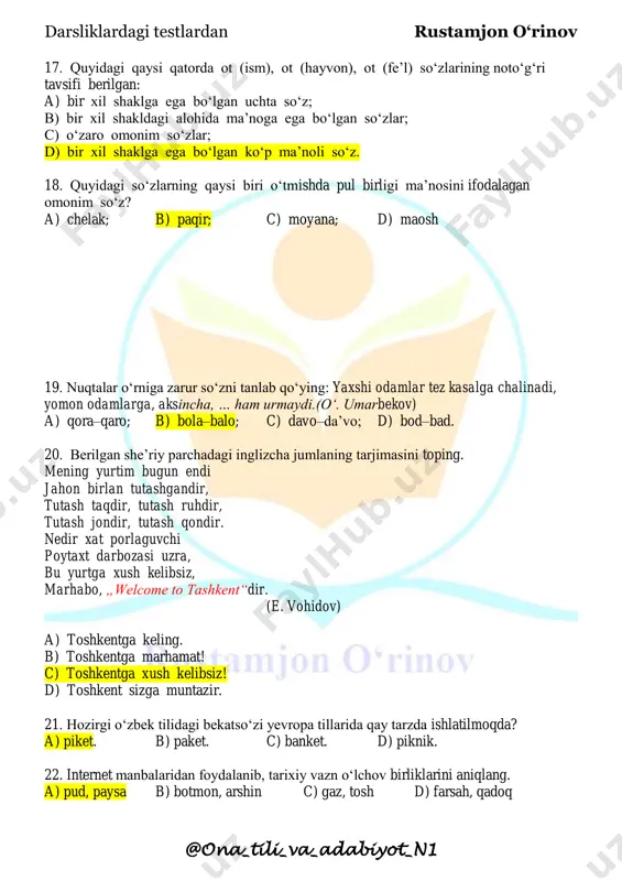 ga tegishli? a. nigoh. b. boqish. c. qarash. d. nazar. 12. uslubiy xoslangan so‘zlar qatorini toping. a. binobarin, xullas b. fido bo‘lmoq, gapirmoq c. tenglama, daftar d. arz, osmon 13. qaysi sinonimik qatorda „ortiqcha“ so‘z bor? a. bemahal, bemavrid, bemalol, bevaqt b. cho‘loq, oqsoq, lang c. sarf, chiqim, xarajat, xarj d. chora, iloj, tadbir, imkon, ep, yo‘l, amal. 14. qaysi gapda so‘zlar bog‘lanishidagi moslik buzilgan? a. titroqni bosishga chiranganidan peshanasi va yuzlarida sovuq ter tomchilari paydo bo‘ldi. (x. do‘stmuhammad) b. momoqiz o‘rog‘ini yerga qadab, ro‘molini boshiga yelvagay qilib o‘radi. (t. murod) c. zarkosani etaklari ancha tekis, yilqilarni yozda boqish uchun juda bop yaylov edi. (m. safarov) d. u o‘ziga kelganida mashinaning qizil chiroqlari uzoqlashgan, yo‘l chekkasida to‘planib turgan odamlar allaqachon tarqalib ketgandi. (m. tillayev) 15. nuqtalar o‘rniga mos qo‘shimchalarni qo‘yib gapni to‘ldiring. jigarrang jemper kiyib, kichkina qora sherst ro‘moli… dahani… bog‘lab olgan novcha, qotma bir ayol ostona… kira solib u …