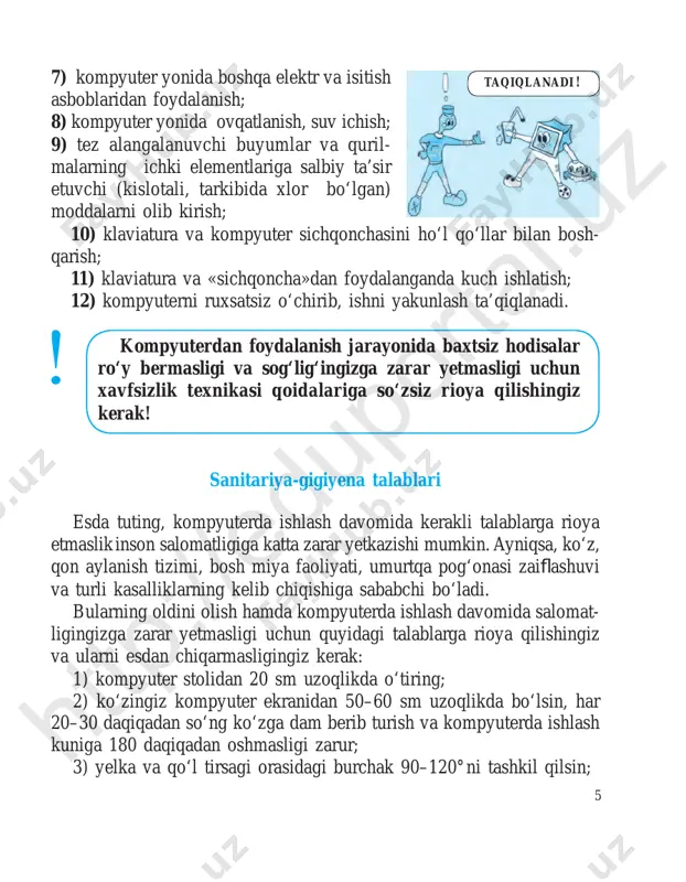 siy qurilmalari va ularning vazifalari bugungi kunda foydalanilayotgan zamonaviy kompyuterlarga xx asrning 40-yillarida asos solingan bo‘lib, ularning yaratilishi insoniyatning buyuk kash fiyotlaridan sanaladi. kompyuter inglizcha «computer» so‘zidan olingan bo‘lib, «hisoblagich» ma’nosini anglatadi. kompyuterlar insonlarning kundalik hayotida muhim vazifalarni baja- rayotganligi tufayli unga bo‘lgan ehtiyoj kundan kunga ortib bormoqda. chunki kompyuterlar yordamida turli ko‘rinishdagi ax borotlarni izlash, to‘plash, saqlash, qayta ishlash va uzatish kabi vazifalarni yengillik bilan tezda amalga oshirish mumkin (1-rasm). zamonaviy shaxsiy kompyuterlarning bir necha turi mavjud (2-rasm). stol kompyuteri (ingl. desktop) portativ kompyuterlar noutbuk (ingl. laptop) netbuk cho4ntak kompyuteri 2-rasm. 1-rasm. htt p:/ /ed up ort al. uz htt p:/ /ed up ort al. uz 9 kompyuterning asosiy qurilmalari zamonaviy kompyuter quyidagi asosiy qurilmalardan tashkil topgan (3-rasm): 7-rasm. 4-rasm. 5-rasm. 6-rasm. 3-rasm. 1. sistemali blok – o‘zida bir necha murakkab qurilmalarni birlashtirgan va himoya g‘ilofi ga o‘ralgan qurilma. unda asosiy plata, protsessor, xotira, qattiq disk kabi muhim qurilmalar …