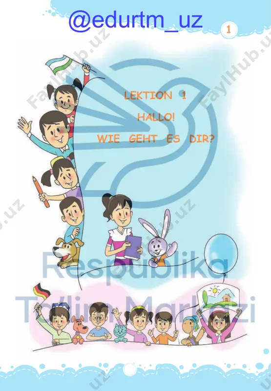 ist grün. schule, schule, schule! mach das buch auf! mal das bild aus! schule, schule, schule! komm, komm in die schule, schule, schule, schule! 4. spielt mit. plätze tauschen. @edurtm_uz 3 stunde 7. projektarbeit 1. bastelt die würfel und spielt. 2. mischt die farben. welche farben entstehen? 4 6 53 2 1 28 @edurtm_uz lektion 4. zimmer und spielsachen 4@edurtm_uz 30 4 stunde 1. lolas spielsachen 1. schaut euch das bild an und sprecht in der muttersprache. 2. hört zu und zeigt mit. 3. sagt. ist das lolas teddy? 4. spielt mit. zaubersack. das ist ... das ist ein ball. das ist ... @edurtm_uz 31 4 stunde 2. welche farbe hat dein ball? 1. schaut euch das bild an und sprecht. was machen lola und akbar? 2. hört zu und zeigt mit. 3. spielt mit. simsalabim. lego ist ... . 4. spielt mit. kettenspiel. welche farbe hat dein …? das …