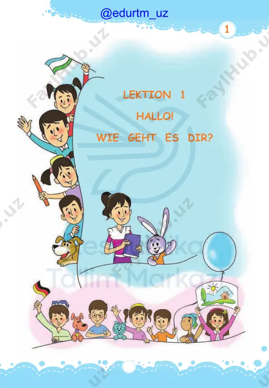 hule! der kuli ist blau, die schere ist grün. schule, schule, schule! mach das buch auf! mal das bild aus! schule, schule, schule! komm, komm in die schule, schule, schule, schule! 4. spielt mit. plätze tauschen. @edurtm_uz 3 stunde 7. projektarbeit 1. bastelt die würfel und spielt. 2. mischt die farben. welche farben entstehen? 4 6 53 2 1 28 @edurtm_uz lektion 4. zimmer und spielsachen 4 @edurtm_uz 30 4 stunde 1. lolas spielsachen 1. schaut euch das bild an und sprecht in der muttersprache. 2. hört zu und zeigt mit. 3. sagt. ist das lolas teddy? 4. spielt mit. zaubersack. das ist ... das ist ein ball. das ist ... @edurtm_uz 31 4 stunde 2. welche farbe hat dein ball? 1. schaut euch das bild an und sprecht. was machen lola und akbar? 2. hört zu und zeigt mit. 3. spielt mit. simsalabim. lego ist ... . 4. spielt …