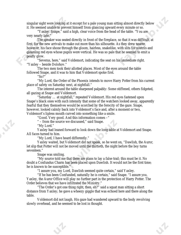 ugh the rest.” “well, yaxley?” voldemort called down the table, the firelight glinting strangely in his red eyes. “will the ministry have fallen by next saturday?” once again, all heads turned. yaxley squared his shoulders. “my lord, i have good news on that score. i have – with difficulty, and after great effort – succeeded in placing an imperius curse upon pius thicknesse.” many of those sitting around yaxley looked impressed; his neighbor, dolohov, a man with a long, twisted face, clapped him on the back. “it is a start,” said voldemort. “but thicknesse is only one man. scrimgeour must be surrounded by our people before i act. one failed attempt on the minister’s life will set me back a long way.” “yes – my lord, that is true – but you know, as head of the department of magical law enforcement, thicknesse has regular contact not only with the …
