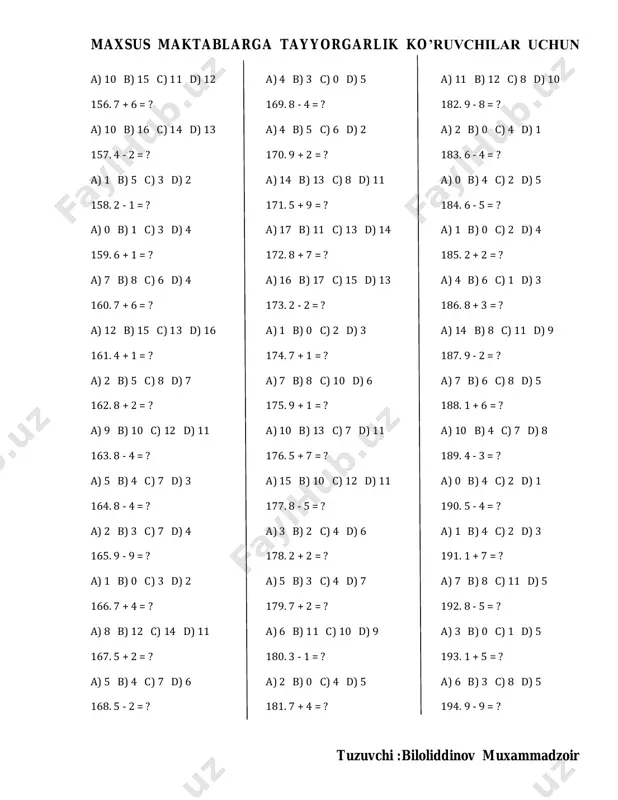 = ? a) 14 b) 13 c) 11 d) 15 210. 8 + 1 = ? a) 9 b) 6 c) 8 d) 11 211. 4 + 6 = ? a) 10 b) 8 c) 7 d) 9 212. 9 - 4 = ? a) 8 b) 2 c) 5 d) 3 213. 1 + 6 = ? a) 8 b) 4 c) 9 d) 7 214. 5 - 2 = ? a) 4 b) 2 c) 3 d) 0 215. 9 - 3 = ? a) 7 b) 4 c) 9 d) 6 216. 1 - 1 = ? a) 0 b) 3 c) 2 d) 1 217. 8 - 4 = ? a) 7 b) 1 c) 4 d) 6 218. 7 - 1 = ? a) 4 b) 6 c) 3 d) 9 219. 5 - 2 = ? a) 4 b) 6 c) 0 d) 3 …