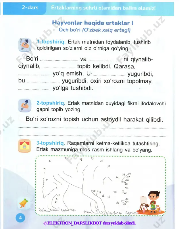 qadriyatlar mehmon haqi (kaykovus) 1-topshiriq. yashiringan so'zlarni topsangiz, bebaho qadriyatimizni bilib olasiz. mehodo‘monstqilikbat 2-topshiriq. adashgan harflarni to'g'ri joylashtirib, “mehmon” so'ziga ma’nodosh so'z toping. noqo'q 3-topshiriq. ma’lumotlarning to'g'ri yoki noto'g'riligini aniqlang. t/r ma’lumotlar to'g'ri noto'g'ri 1 mehmonni xursandchilik bilan kutib oling 2 oldiga noz-ne’matlar qo'yib, yeb-ichib o'tirishga taklif qiling □ 3 mehmonga jahlingizni ko'rsatishingiz mumkin □ 4 dasturxonga birinchi non qo'yilishi shart emas □ @elektron_darslikbot dan yuklab olindi. miluy an’ana va qadriyatlarimiz e’zozda 22-dars anjana nima? 1-topshiriq. “ta’zim” hikoyasidagi voqealar ketma-ketligini aniqlang. i hassasini do‘qillatib kelayotgan qosim bobo q bolalar to‘p o‘ynayotgan maydonchada biroz | to'xtab qoldi. j bobo o'sha tomonga borib, yerdagi non u ushoqlarini tera boshladi. shu payt to‘p tepayotgan bolalardan birining o apil-tapil non yeyayotganini ko‘rib qoldi. j zokir jon holatda bo'ynini ichiga tortib, qo'lida o qolgan bir tishlam nonni orqasiga berkitgan edi, farhodning jahli chiqdi.>-------------—-------------------------------------------------------------------------------- —— ouch-to‘rt ushoq yerga tushganida, uning o‘siq, oppoq qoshlari chimirildi. axir non …