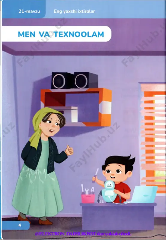 tanishadi. 1. siz ham internetdan foydalanasizmi? 2. internet orqali yana nimalar qilish mumkin? • ajratib ko'rsatilgan gapni ko'chiring. gapning kirn yoki nima haqida aytilganini bildiruvchi so‘zni so'roq berib aniqlang. shu so'zning tagiga bitta chiziq chizing. televizor va internetning foydali xususiyatlari haqida 2 tadan gap tuzing. 13-mashq. ikki jamoaga bo'linib, “kim topqir” namuna: uning 4 ta g ‘ildiragi bor. 5 ta o ‘rindiqli. har kuni odamlar unda ishga bo rib keladi. (avtomobil) @elektron_darslikbot dan yuklab olindi. ► 14-mashq rasmga qarab kichik hikoya yozing. tuzgan hikoyangizdagi gaplarni tahlil qiling. gap kim yoki nima haqida aytilganini bildiruvchi so‘zlarning tagiga chizing. his-hayajon bilan aytiladigan 3 ta gap tuzing. r * @elektron_darslikbot dan yuklab olindi. zamonaviy texnologiyalar temur: dada, bu nima? dada: bu - quyosh batareyasi. uni tomga 0‘rnatamiz. temur: nega? dada: quyosh batareyasi yoruglik nuri yordamida elektr toki ishlab chiqaradi. uyimizdagi chiroqlar, televizor va muzlatkich quyoshdan quvvat oladi. temur: endi quyoshdan olingan elektr tokini …