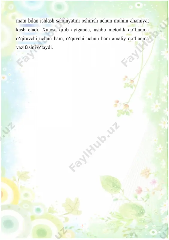 ydi? 4. sher qayerga qochib chiqib ketadi? 2- topshiriq. audioni tinglang va berilgan gaplardagi xatolikni toping. 1. sher:— mana shu terakni qulataman,— debdi. 2. sher: — yoʻq, men qochmayman, yigitning gapi bir,— debdi. 3. yigit sherni mahkam bogʻlabdi.tutdan yaxshi bir tayoq qilib olib kelib, gursillatib terakni ura boshlabdi. 3- topshiriq. berilgan soʻzlarni boʻgʻinlarga boʻlib yozing. 15 oʻtin, sher, terak, yarim, yigit, kuch, kuchli, ayyor, magʻrur, qochmoq, koʻngil, gursillamoq, oʻlbars, odamzod, urmoq, yoʻliqmoq 4. farosatsiz eshak bir eshak bor ekan. u oʻzini juda aqlli deb bilar ekan. kunlardan bir kuni u bir boqqa kiribdi. qarasa, daraxtlarda mevalar, polizda qovun-tarvuz-u, qovoqlar pishib yotgan emish. eshak daraxtlardagi mevalarga, polizdagi qovoqlarga qarab, diqqat qilibdi. shalpang quloqlarini qimirlatib: — tabiat-ku hamma narsani bilib yaratgan-a, lekin koʻp narsalar borki, ularni boshqacharoq qilib yaratish kerak edi-da, — debdi. daraxt shoxida oʻtirgan chumchuq eshakdan: — qani, ayt-chi, senga bularning nimasi yoqmadi? — deb soʻrabdi. 16 — koʻrmaysanmi, — …
