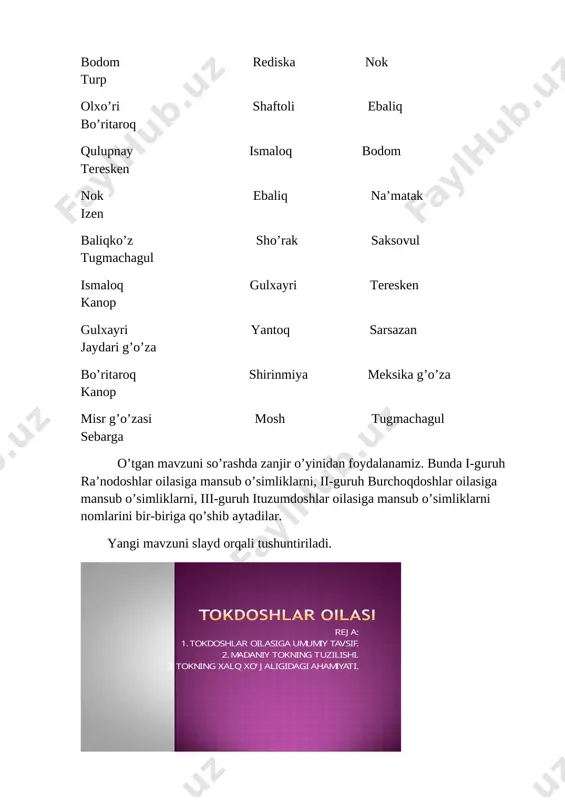 titutining samarqand filialida kattaqo’rg’on va parkent uzum navlarini chatishtirib chiqarilgan. tupi o’rtacha o’sadi. barglari o’rtacha, yumaloq, 5 bo’lmali, sal kertikli, ters tomoni silliq. guli ikki jinsli. uzumi avgust-sentabrda pishadi. uzum boshi yirik, vazni 300-550 gram, g’ujumi yirik. yozgi oshxona va choyxonalar , dala shiyponlari va ayvonlar oldida yovvoyi uzum navi bilan manzarali o’simlik- beshyaproqli partenotsissus ekiladi. bu partenotsissus turkumiga oid poyasi ingichka , uzun jingalaklari bilan ilashib tikkasiga 10-15 metrgacha ko’tarila oladigan , barglari panjasimon murakkab o’simlik. gulining va mevasining tuzilishi toknikiga o’xshaydi. vatani shimoliy amerika. respublikamizning janubiy viloyatlaridagi tog’larning toshloq va qoyali yonbag’irlarida terakbargli liftok o’sadi. bu liftok turkumiga oid yotib o’suvshi buta. barglari butun , chetlari yirik tishli. guli toknikiga o’xshaydi, lekin gulkosachasi aniq ko’rinmaydi. mevasi qora, mayda, rezavor meva, iste’mol qilishga yaramaydi. uzum mazali va to’yimli, yangiligida hamda quritib mayiz holida iste’mol qilinadi. undan sharbat olinadi, musallas, shinni, murabbo va konservalar tayyorlanadi. yangi barglaridan tokoshi va boshqa …
