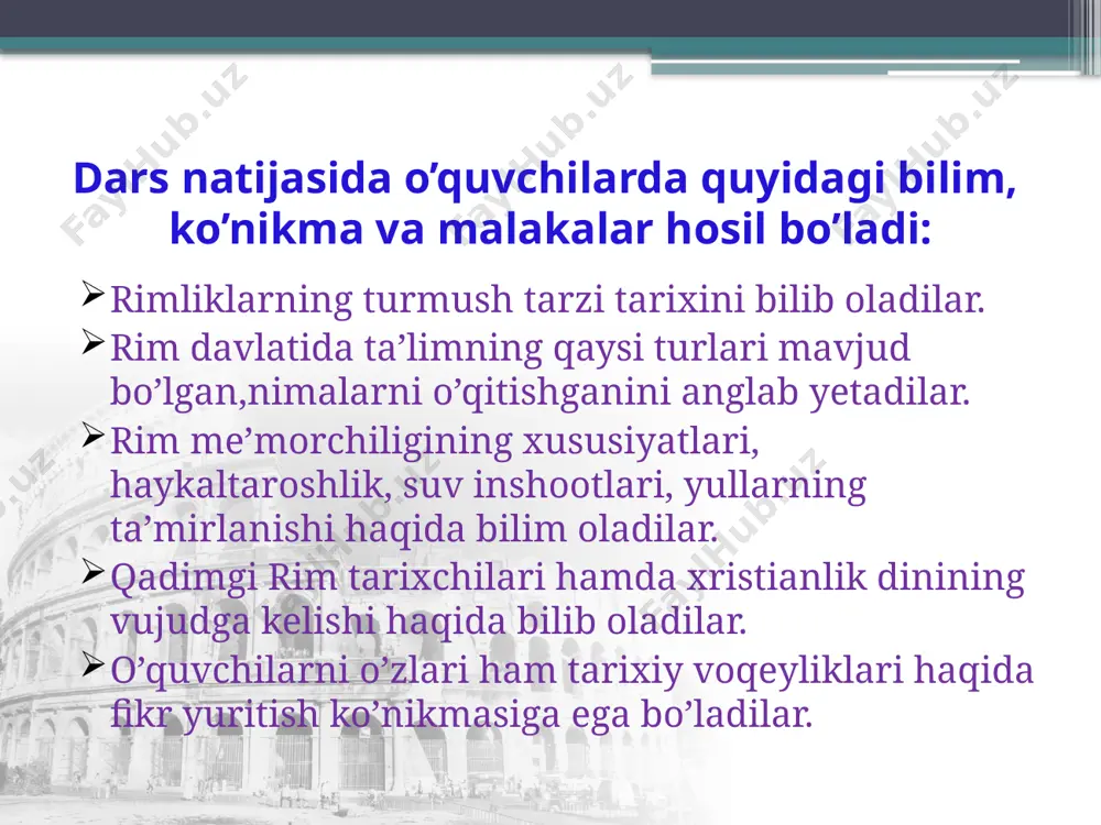 latida ta’limning qaysi turlari mavjud bo‘lgan, nimalarni o‘qitishgan? 3. rim me’morchiligining xususiyatlarini ayting. 4. rimdagi eng katta inshoot nomini ayting. 5. rim panteoni haqida nimalarni bilib oldiz? 6. iso payg’ambar kim? xristianlik haqida nimalarni bilasiz? uyga vazifa: shu mavzudagi savollarga javob topib, bajarib kelish. image3.jpeg image4.jpeg image5.jpeg image6.jpeg image7.jpeg image8.jpeg image9.jpeg image10.png image11.emf image12.png image13.emf image14.jpeg image15.jpeg image16.emf image17.jpeg image18.jpeg image19.jpeg image20.jpeg image21.png image22.png image23.png image24.jpeg image25.png image26.jpeg image27.jpeg image28.emf image29.png image30.png image35.png image36.png image31.png image32.png image33.png image34.png image37.png image38.jpeg image2.jpeg