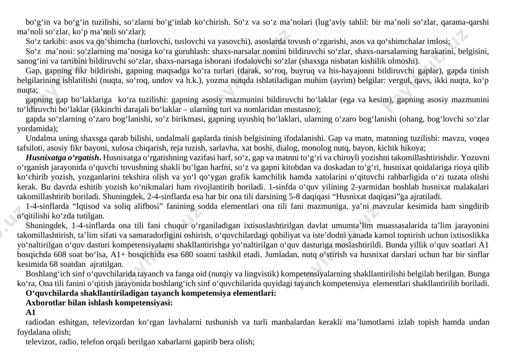 o‘zini nazorat qila olish va xatolarini tuzatishga harakat qilish, kattalarga, kichiklarga va o‘rtoqlariga yordam berish. ijtimoiy faol fuqarolik kompetensiyasi: a1 maktabda, oilada va turar joylarida bo‘layotgan jarayonlarda (turli tadbirlar va h. k.) ishtirok etish; o‘zining o‘quvchilik burch va huquqlarini, vazifalarini bilish va ularga rioya qilish; davlat ramzlarini bilish, davlat ramzlariga hurmat va ehtirom ko‘rsata olish; maktabda va maktabdan tashqari tadbirlarda (ko‘rik-tanlovlar va h. k.) ishtirok etish hamda muomala madaniyatiga amal qilish; sinfda va oilada o‘z o‘rnini bilish, o‘ziga yuklatilgan vazifalarni anglay olish; o‘zidan kattalarga, o‘rtoqlariga va o‘zidan kichiklarga yordam berish; sinfdagi jihozlar va o‘quv qurollarini asrab-avaylash. a1+ jamiyatda bo‘layotgan voqea, hodisa va jarayonlarga munosabat bildirish milliy va umummadaniy kompetensiyasi: a1 orasta kiyinish va gigienik talablarga amal qilish; maktabning ichki qoidalariga va odob-axloq qoidalariga rioya qilish; yaxshi va yomon odatlarni bir-biridan farqlay olish; milliy bayramlarni, milliy qadriyatlarni, o‘zi yashab turgan tarixiy obidalarni bilish va ularni bir-biridan farqlash. a1+ vatanimizda mustaqillik yillarida …