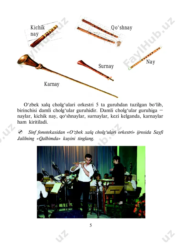 ripka kaliti 1-oktavadagi «sol» notasini ko‘rsatadi: ³  11 bas kaliti esa kichik oktavadagi «fa» notasini ko‘rsatadi: yuqori tovushlar yangrashi skripka kalitida, past tovushlar yangrashi bas kalitida yoziladi: savol va topshiriqlar 1. torli-urma va mizrobli cholg‘ular guruhlariga qaysi cholg‘ular kiradi? 2. mustafo bafoyevning «poema»sidan eslab qolingan biror ohangni xirgoyi qilib bering. 3. musiqada nechta kalit bor? keng tarqalganlari qaysilar? 4. o‘zbekiston respublikasining davlat madhiyasini birgalikda kuylab, yaxshi o‘rganib oling. 3-dars. o‘zbek xalq cholg‘ulari orkestrining zarbli cholg‘ular guruhi o‘zbek xalq cholg‘ulari orkestrining zarbli cholg‘ular guruhida doira, nog‘ora, qayroq, safoyil kabi o‘zbek xalq cholg‘u sozlari bilan birga ovro‘pa sozlari – litavralar, baraban, tarelka kabilarni ham uchratish mumkin. bastakorlar va orkestr uchun cholg‘ulashtiruvchi mutaxassislar partiturasi yozilayotgan asar xarakteriga, obraziga qarab zarbli cholg‘ularni tanlashadi. masalan: to‘yni aks ettiruvchi asarlarda nog‘ora, qo‘shiqlarda doyra, xorazmcha raqsda qayroq, uyg‘urcha kuyda safoyil ishlatilsa ayni muddao bo‘ladi. yevro‘pa cholg‘ulari ham yangrayotgan musiqani yana-da boyitadi. ?! 12 do- im a- …