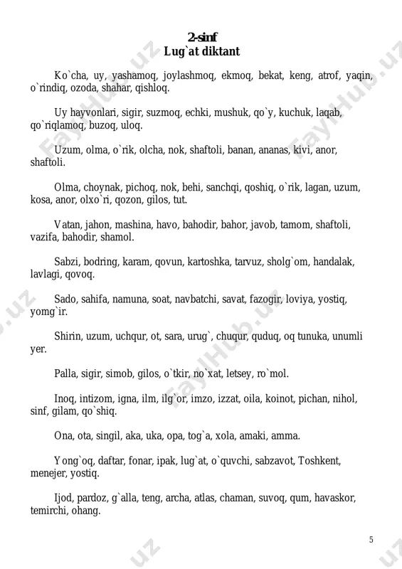 a qiynaladi. shuning uchun kishilar uni uyda boqadilar. gulbeor gulbeor-bir yillik manzarali o`simlik. etli, pushti rang poyasi bor. bargi ham etli va sersuv. sariq, och sariq, pushti, qizil rangda gullaydi. gulbeor urug`idan ko`payadi. poyasi uzib olinib, nam tuproqqa tiqib qo`yilsa ham ko`karadi. kapalak umida gulzor atrofida o`ynab yurgan edi. yonidagi gulga kapalak qo`ndi. umida kapalakni tutmoqchi bo`ldi. kapalak bu guldan uchib ketdi va boshqa gulga qo`ndi. umida sekin kapalakni tutib oldi. u kapalakning chiroyli qanotlarini ohista siladi. topshiriq: siz kapalaklarni ko`rganmisiz ? kapalaklar haqida she`r yodlab keling. 10 3-sinf lug`at diktant yerosti, bekat, sayohat, poytaxt, bino, yashaymiz, tobora, xiyobon, shahar, toshqin, quvnoq, sayroqi. maktab, yashil, boshlayapti, ishchi, yozdi, qog`oz, keng, vazifa, oppoq, o`qiyapti, soat, kichik, xirmon. bayroq, a`lochi, qal`a, e`lon, rasm, qat`iy, o`yladi, ma`mura, ko`z, a`zo, sariq, qit`a, arqon. osmon, baxt, vergul, anor, o`rmon, qishloq, cho`yan, oltin, shabada, ulug`, fabrika. oq, nur, beshta, yashil, bahor, chiroyli, so`zladi, to`qson, gulzor, ishchan, …