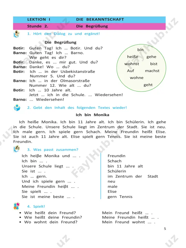 uß. 2. spielt! „wer schreibt schnell und richtig?“ 1. … wohnt barno? wie 2. … ist ihre adresse? wo 3. … ist ihr haus? wie 4. … liegt ihre schule? wer 5. … geht in die schule zu fuß? wo 3. ist das richtig oder falsch? r f 1. barno lebt in samarkand. 1 ü 2. ihre adresse ist nawoistraße. 2 3. ihr haus ist groß. 3 4. ihre schule liegt weit von ihrem haus. 4 5. sie geht zu fuß. 5 4. eure grammatik! „haben“ und „sein“ im präsens. ergänzt die sätze! ich … ein buch. du … faul. er … einen bleistift. wir … einen großen hund. er … lustig und klug. … ihr auch einen hund? sie … ordentlich. 5. ergänzt die wörter! ord t ich, sti , f l, bl st t, r ch g, ch       singular plural i ich …