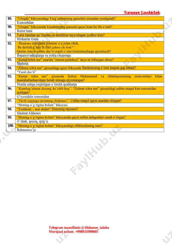 rmoqchi bo`ladi? angliyadagi diniy, siyosiy parokandalik sabablarini 68. qaysi asarda paypoqfurush obrazi uchraydi? “gulliverning sayohatlari”da 69. “gulliverning sayohatlari”dagi gulliverning qaynotasi kim edi va qayerlik edi? edmund berton, nyugetstritlik 70. “gulliverning sayohatlari”da bo`ron ko`tarilgan payt “ohu” kemasi qayerga yetgandi? vardimen yeriga 71. “gulliverning sayohatlari”da gulliverga tortiq qilingan go`shtlar kattaligi jihatidan nimaga qiyoslangan? turna qanoti 72. har narsaga qiziquvchi odamlar qaysi asarda uchraydi? “gulliverning sayohatlari”da 73. yoshligida aktyor bo`lishni orzu qilgan ijodkor? hans krisian andersen 74. andersenning qaysi ertaklaridagi talqin jonli inson muhitiga yaqinlikda tasvirlangan? “duymchaxon”, “suv parisi”, “qor malikasi”, “bulbul” 75. qaysi ertakda jodugar va u yasagan sehrli ko`zgu haqida gap ketadi? “qor malikasi” ertagida 76. shimol tomonda joylashgan saroylar qaysi asar(lar)da uchraydi? “uch og`a-ini botirlar” va “qor malikasi” ertaklarida 77. kumush qo`ng`iroqchalar osilgan gullar qaysi asarda uchraydi? “bulbul” ertagida 78. “salom” bilan yakunlanuvchi asar qaysi? “bulbul” ertagi 79. o`ziga bino qo`ygan obraz qaysi asarda uchraydi? “bulbul”da vazir 80. “bulbul” ertagida …