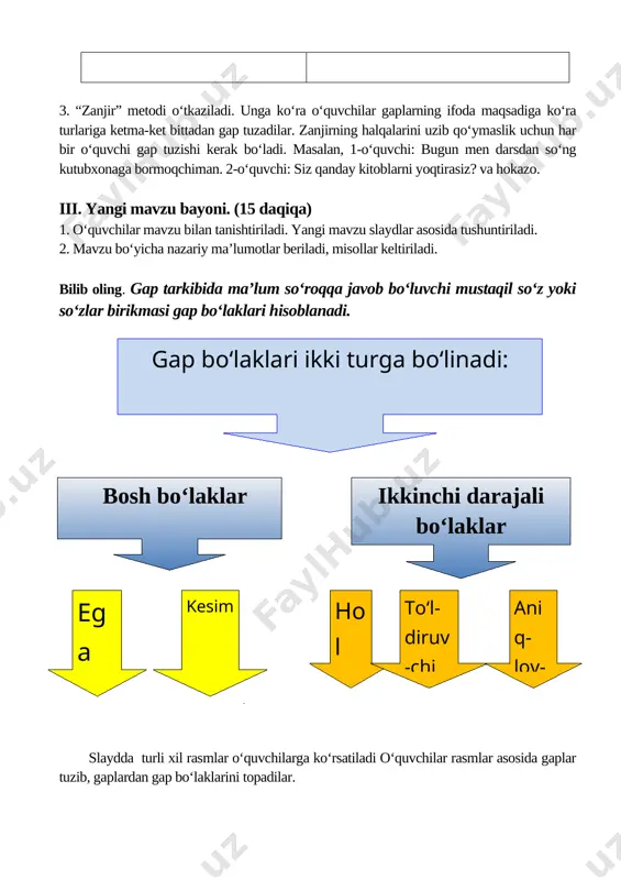 ko‘rsatish kompyuter, proyektor, slaydlar, ko‘rgazmali qurollar, darslik 4. mustahkamlash (qo‘llash) 10 minut mavzuni mustahkamlash uchun “o‘z o‘rningni top!” o‘yini o‘tkaziladi. o‘quvchilar guruhlar asosida darslikdagi topshiriq va mashqlarni bajaradilar. ularning javoblari umumlashtiriladi. kichik guruhlarda ishlash, “o‘z o‘rningni top!” o‘yini, “teskari test” metodi, grammatik topishmoqlar tarqatma materiallar 5. yakuniy qism 5 minut darsda faol qatnashgan o‘quvchilar rag‘batlantiriladi va baholanadi. uyga vazifa beriladi. rag‘batlantirish, topshiriq berish rag‘bat kartochkalari, jurnal, darslik o‘qituvchi: abdurahmonova dilfuza ____________ image5.jpeg image1.jpeg image2.jpeg image3.jpeg image4.jpeg “tasdiqlayman” maktab direktori: sh . hayitboyev jizzax viloyati zomin tumani 45 - sonli umum iy o‘rta ta’lim maktabi ning ona tili va adabiyot fani o‘qituvchisi abdura h monova dilf u zaning ona tili fanidan 5 - “ a ” sinfida o‘tadigan bir soatlik ochiq dars ishlanmasi 2018 - 2019 - o‘quv yili “tasdiqlayman” maktab direktori: sh . hayitboyev jizzax viloyati zomin tumani 45 - sonli umum iy o‘rta ta’lim maktabi ning ona tili va …