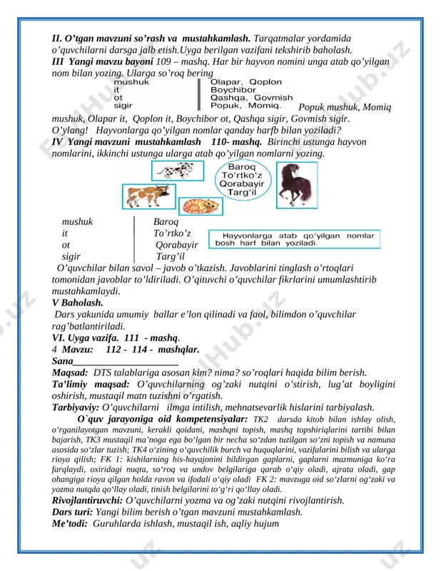 iv yangi mavzuni mustahkamlash 110- mashq. birinchi ustunga hayvon nomlarini, ikkinchi ustunga ularga atab qo’yilgan nomlarni yozing. [image: image7.png] [image: image47.png][image: image48.png] mushuk baroq it to’rtko’z ot qorabayir sigir targ’il o’quvchilar bilan savol – javob o’tkazish. javoblarini tinglash o’rtoqlari tomonidan javoblar to’ldiriladi. o’qituvchi o’quvchilar fikrlarini umumlashtirib mustahkamlaydi. v baholash. dars yakunida umumiy ballar e’lon qilinadi va faol, bilimdon o’quvchilar rag’batlantiriladi. vi. uyga vazifa. 111 - mashq. 4 mavzu: 112 - 114 - mashqlar. sana_____________________ maqsad: dts talablariga asosan kim? nima? so’roqlari haqida bilim berish. ta’limiy maqsad: o’quvchilarning og’zaki nutqini o’stirish, lug’at boyligini oshirish, mustaqil matn tuzishni o’rgatish. tarbiyaviy: o’quvchilarni ilmga intilish, mehnatsevarlik hislarini tarbiyalash. o`quv jarayoniga oid kompetensiyalar: tk2 darsda kitob bilan ishlay olish, o‘rganilayotgan mavzuni, kerakli qoidani, mashqni topish, mashq topshiriqlarini tartibi bilan bajarish, tk3 mustaqil ma’noga ega bo‘lgan bir necha so‘zdan tuzilgan so‘zni topish va namuna asosida so‘zlar tuzish; tk4 o‘zining o‘quvchilik burch va huquqlarini, vazifalarini bilish va …