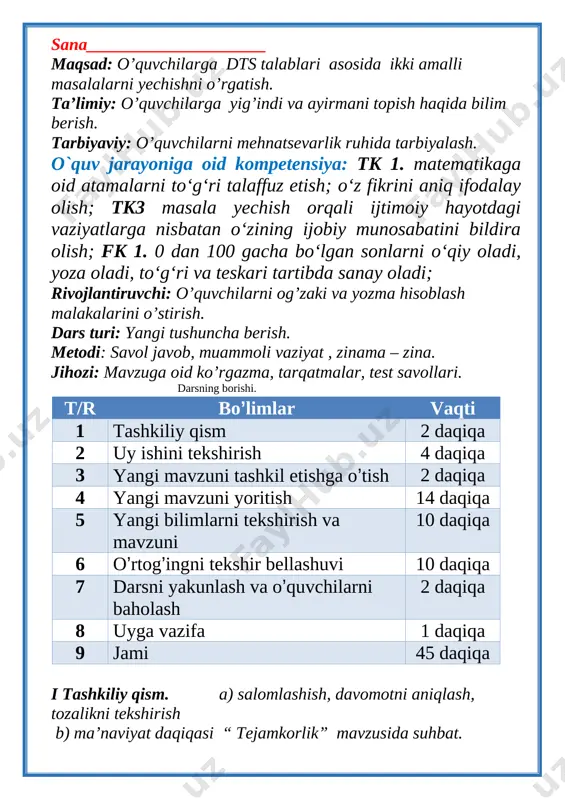 jlantiruvchi maqsadi; o’quvchilarning olgan nazariy bilimlarini amaliyotda qo’llab ko’rishga chorlash. o`quv jarayoniga oid kompetensiya: tk 1. matematikaga oid atamalarni to‘g‘ri talaffuz etish; o‘z fikrini aniq ifodalay olish; tk3 masala yechish orqali ijtimoiy hayotdagi vaziyatlarga nisbatan o‘zining ijobiy munosabatini bildira olish; fk 1. 0 dan 100 gacha bo‘lgan sonlarni o‘qiy oladi, yoza oladi, to‘g‘ri va teskari tartibda sanay oladi; darsning turi: aralash, savol-javob, sujetli masalalardan o'rinli foydalanish. darsning jihozlanishi: a) 1-sinf «matematika» darsligi; b) uzunlik o'lchovlariga doir rasm, tasma, chizg'ich; d) magnit taxtacha. bilmasvoyning rasmi. darsning borishi. t/r bo’limlar vaqti 1 tashkiliy qism 2 daqiqa 2 uy ishini tekshirish 4 daqiqa 3 yangi mavzuni tashkil etishga o’tish 2 daqiqa 4 yangi mavzuni yoritish 14 daqiqa 5 yangi bilimlarni tekshirish va mavzuni 10 daqiqa 6 o’rtog’ingni tekshir bellashuvi 10 daqiqa 7 darsni yakunlash va o’quvchilarni baholash 2 daqiqa 8 uyga vazifa 1 daqiqa 9 jami 45 daqiqa 1. o'tilgan mavzuni puxtalash maqsadida …