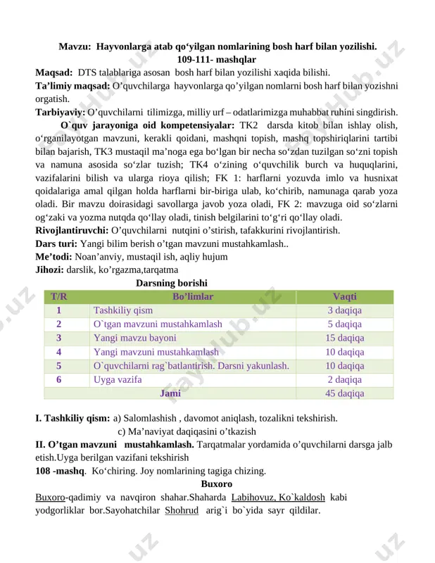 10 daqiqa 5 o`quvchilarni rag`batlantirish. darsni yakunlash. 10 daqiqa 6 uyga vazifa 2 daqiqa jami 45 daqiqa i. tashkiliy qism: a) salomlashish , davomot aniqlash, tozalikni tekshirish. c) ma’naviyat daqiqasini o’tkazish ii. o’tgan mavzuni mustahkamlash. tarqatmalar yordamida o’quvchilarni darsga jalb etish.uyga berilgan vazifani tekshirish 108 -mashq. ko‘chiring. joy nomlarining tagiga chizing. buxoro buxoro-qadimiy va navqiron shahar.shaharda labihovuz, ko`kaldosh kabi yodgorliklar bor.sayohatchilar shohrud arig`i bo`yida sayr qildilar. iii yangi mavzu bayoni 109 – mashq. har bir hayvon nomini unga atab qo’yilgan nom bilan yozing. ularga so’roq bering [image: ] popuk mushuk, momiq mushuk, olapar it, qoplon it, boychibor ot, qashqa sigir, govmish sigir. o’ylang! hayvonlarga qo’yilgan nomlar qanday harfb bilan yoziladi? iv yangi mavzuni mustahkamlash 110- mashq. birinchi ustunga hayvon nomlarini, ikkinchi ustunga ularga atab qo’yilgan nomlarni yozing. [image: ] mushuk baroq it to’rtko’z ot qorabayir sigir targ’il hayvonlarga atab qo`yilgan bosh harflar bilan yoziladi. o’quvchilar bilan savol – javob o’tkazish. …