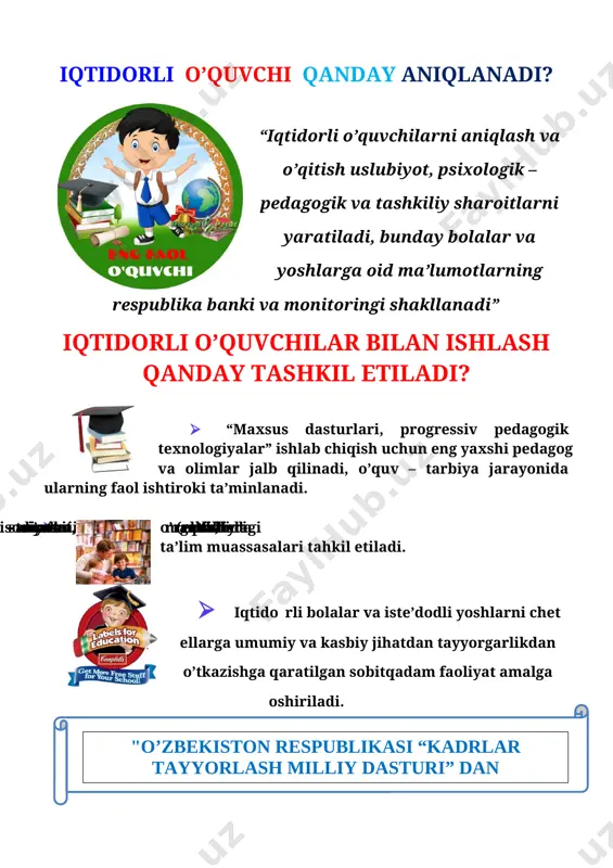 harakati qoidalari, yong`inga qarshi kurash chora tadbirlariga hamda ___-umumiy o`rta ta`lim maktabining barcha ichki tartib qoidalariga rioya qilish to`g`risida maxsus yo`riqnoma № o`quvchilarning f.i.sh tanishdim sana o`quvchilarning imzosi 1 2 3 4 5 6 7 8 9 10 11 12 13 14 15 16 17 18 yo`riqnoma bilan tanishtiruvchi va to`garak mashg`uloti rahbari: _________ _____________ “______________________________” to`garagi a`zolarining ro`yxati № o`quvchilarning familiyasi, ismi tug`ilgan yili sinfi yashah manzili 1 2 3 4 5 6 7 8 9 10 11 12 13 14 15 16 17 18 19 20 21 22 23 24 25 rahbari ______ _______________________________ iqtidorli o’quvchilar bilan ishlash jurnal [image: c:\users\sayyod\desktop\119675428_large_0_102f4d_acd12c40_xl.png] “tasdiqlayman” maktab direktori: _______________________ _________________________i,ii,iii,iv chorak iqtidorli o’quvchilar bilan ishlash bo’yicha qo’shimcha mashg’ulotlar jadvali № sinf du-shanba se-shanba chor-shanba pay-shanba juma shanba fan o’qituvchisi 1 2 3 4 5 6 7 8 9 10 11 12 13 14 15 16 17 18 19 20 21 22 23 …