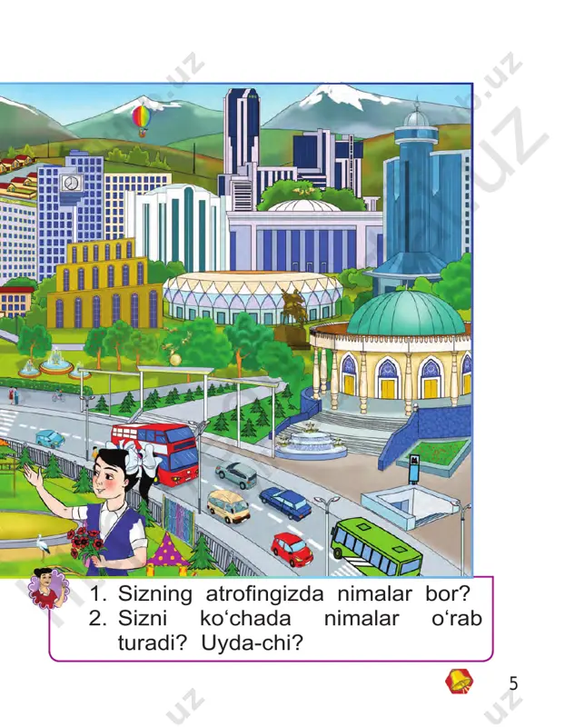 i haydaladi. bozor rastalari noz-ne’matlar bilan to‘ladi. htt p:/ /ed up ort al. uz 20 o‘simliklar dunyosi o‘simliklar dunyosi daraxt, buta va o‘t-o‘lanlardan iboratdir. insonlar tomonidan bog‘larda, da- lalarda yoki tomorqalarda o‘sti- riladigan o‘simliklar madaniy o‘sim- liklar deyiladi. o‘rmon, dala-dasht, cho‘l, qir va adirlarda o‘zi o‘sadigan o‘simliklar yovvoyi o‘simliklar deb ataladi. htt p:/ /ed up ort al. uz 21 rasmdagi daraxt, buta va o‘t-o‘lan- larni ajratib ko‘rsating. 1. daraxt, buta, o‘t-o‘lanlarni ajrating. 2. ularning qaysilari madaniy o‘sim liklar deyiladi? – qayin – majnuntol – eman – chinor – kashtan – terak daraxtlarning barglarini eslab qoling: htt p:/ /ed up ort al. uz 22 o‘simlik qismlari va ularning o‘sishi aksariyat o‘simliklarning ildizi, shoxi, poyasi, bargi, guli va mevasi bo‘ladi. rasmlardagi o‘simliklarning ildizi, shoxi, bargi, guli va mevasini ko‘r- sating. mevasi mevasi shoxi tanasi ildizi bargi bargi poyasi ildizi guli guli htt p:/ /ed up ort al. uz 23 1. sabzavotlarning nomlarini …