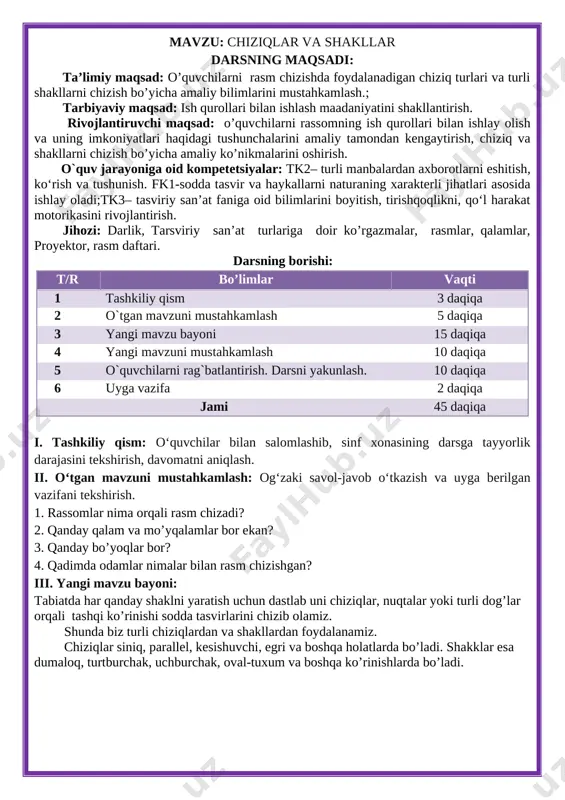 o‘quvchilar bilan ishlanadi. vi. uyga vazifa: mavzuga oid tasvirlar ishlash. o‘tibdo‘: _________________ mavzu: bo‘yoqlar va ranglar darsning maqsadi: ta’limiy maqsad: o’quvchilarni rasm chizishda foydalanadigan bo’yoq turlari bo’yicha amaliy bilimlarini mustahkamlash.; tarbiyaviy maqsad: ish qurollari bilan ishlash maadaniyatini shakllantirish. rivojlantiruvchi maqsad: o’quvchilarni rassomning ish qurollari bilan ishlay olish va uning imkoniyatlari haqidagi tushunchalarini amaliy tamondan kengaytirish, chiziq va shakllarni chizish bo’yicha amaliy ko’nikmalarini oshirish. o`quv jarayoniga oid kompetetsiyalar: tk1– tasviriy san’at faniga oid atamalarni to‘g‘ri talaffuz qila olish. tk6– oilasida nechta odam borligi, kim katta, kim kichikligini bilish. fk1-sodda tasvir va haykallarni naturaning xarakterli jihatlari asosida ishlay oladi;tk3– tasviriy san’at faniga oid bilimlarini boyitish, tirishqoqlikni, qo‘l harakat motorikasini rivojlantirish. jihozi: darlik, tarsviriy san’at turlariga doir ko’rgazmalar, rasmlar, qalamlar, proyektor, rasm daftari. darsning borishi: t/r bo’limlar vaqti 1 tashkiliy qism 3 daqiqa 2 o`tgan mavzuni mustahkamlash 5 daqiqa 3 yangi mavzu bayoni 15 daqiqa 4 yangi mavzuni mustahkamlash 10 daqiqa 5 o`quvchilarni …