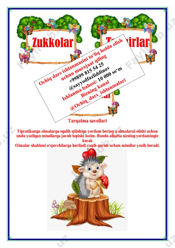 nechta qoʻlda yasalgan buyum olib kelingan? 3 + 2 + 4 + 3=12 ta sinf ishtirok etgan 12 • 3=36 ta buyum keltrilgan b) tanlovda har bir ishtirokchiga soʻzga chiqishi uchun 8 minut rejalashtirilgan. 2 soat ichida necha ishtirokchi soʻzga chiqishga ulguradi? 2 soat = 120 minut 120 : 8=15 ta o’quvchi ulguradi d) rasm tanlovida 25 nafar oʻquvchining har biriga 4tadan qalin va 5tadan yupqa varaq tayyorlab qo'yilgan. yupqa varaq qalin varaqdan qancha koʻp tayyorlangan? 25 • 4=100 25 • 5=125 125 – 100=25 ta ko’p e) agar 27 qatnashchining faqat uchdan biri soʻzga chiqqan bo'lsa, yana necha qatnashchining soʻzga chiqishi kutilmoqda? 27 : 3= 9 ta chiqqan 15 – 9=6 ta chiqishi kutilmoqda 7. tengliklar toʻgʻri boʻlishi uchun katakchalar oʻrnida qanday sonlar boʻlishi kerak? qanday tengliklarning bir nechta yechimini topish mumkin? 25 + 37 = 37 + 25 124 – 1=123 258 • 1=258 56 • 22=56 • …
