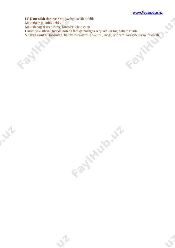 yakunlash:dars davomida faol qatnashgan o’quvchilar rag’batlantiriladi. v.uyga vazifa: tabiatdagi barcha narsalarni shaklini , rangi, o’lchami kuzatib ularni farqlash. mavzu:1 soni darsning maqsadi. bir raqami va soni bilan tanishtirish. 1 dan 10 gacha sonlar ketma-ketligi va narsalarni sanashni mashq qilish. o‘quvchilarning fikrlash qobiliyatini, tafakkurini boyitish, pul muomalasi va odob-axloq madaniyatini shakllantirish. iqtisodiy tarbiya berish, sotuvchi bilan oluvchi o‘rtasidagi muomala madaniyatini o‘rgatish.tayanch kompetensiyalar: axborot bilan ishlash kompetensiya elementi:mavzu doirasida ko’rsatilgan multimedia ilovalariga ongli munosabat bildirish. tk2 ustunli, chiziqli va doiraviy diagrammalar, jadvallar, chizmalar ko‘rinishida berilgan statistik ma’lumotlarni o‘qiy olish, tushunish va foydalana olish. fanga oid kompetensiyalar: o’rganilgan matematik usullardan kundalik vaziyatlarda mehnatni yengillashtirish maqsadida foydalana olish. o’quvchilar sonlarni qo’shish bilishlari kundalik hayotda hisob – kitoblarni mustaqil bajara olishlari uchun juda zarur. metod: “aqliy hujum”,“ klaster” lardan foydalanish,taqdimot, suhbat, tushuntirish, bahs- munozara. shakl:jamoa,guruhda ishlash,hamma o’zi uchun. dars jihozlari:a) raqamli kartochkalar;b) mavzuga mos rasmlar (mushuk, gullar, jo‘ja rasmi). darsning texnologik xaritasi t|r dars bosqichlari …