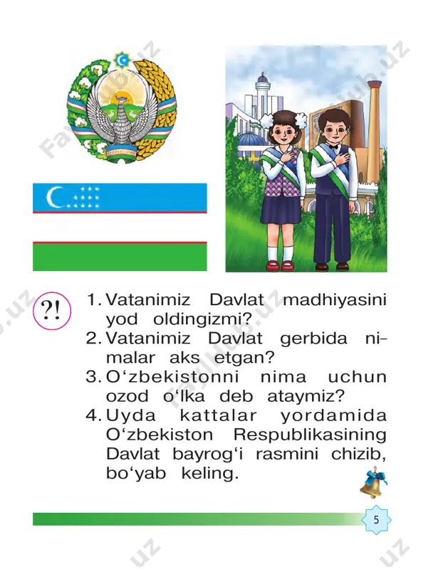 nida, qo‘li bilan yerga tayanmaydi. qolganlarini sen o‘zing aytib ber-chi?! 1.buvi ovqatlanishning qaysi qoi- dalarini aytdi? 2.ovqatlanishning yana qan- day qoidalarini bilasiz? ? 26 13. odobli bola elga manzur rasmlardagi qaysi bolalarni odobli deb bilasiz?? bola – aziz, odobi undan aziz. odob – kishining zeb-u ziynati. 27 14. minnatdorlik va jonkuyarlik jonkuyar bola uch ona va bir qariya bozordan bir- ga qaytishdi. ayollarning qo‘llarida yuklari bor edi. ikki ona yo‘l bo‘yi o‘z farzandini maqtab keldi. birinchi ona farzandini chaqqon akrobat ekanini, ik- kinchi ona o‘g‘lining bulbulday xusho- voz ekanini aytdi. uchinchi ona hech narsa demadi. uyga yaqinlashganlari- da farzandlari ularning qarshisidan chi- qishdi. birinchi onaning o‘g‘li oyog‘ini osmonga ko‘tarib, usta akrobatlardek qo‘llari bilan yurib keldi. ikkinchi ona- 28 ning o‘g‘li bulbulday go‘zal ovozi bilan qo‘shiq kuyladi. uchinchi onaning o‘g‘li esa salom berib, onalarning yu- kini qo‘llaridan oldi. uchinchi ona o‘g‘liga rahmat aytib, yelkasiga qoqib qo‘ydi. buni ko‘rgan qariya: – men …