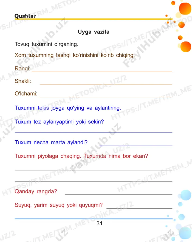 maʼqul ko‘radi, guruh bo‘lib yoki yolg‘iz yashaydi) 1. kitoblardan (darslikdan, ensiklopediyadan) 2. internetdan 3. ilmiy-ommabop filmdan 4. kattalardan 5. kuzatishlar orqali sutemizuvchilar htt ps:/ /t.m e/tr m_m eto dika _uz/ 2 htt ps:/ /t.m e/tr m_m eto dika _uz/ 2 htt ps:/ /t.m e/tr m_m eto dika _uz/ 2 htt ps:/ /t.m e/tr m_m eto dika _uz/ 2 htt ps:/ /t.m e/tr m_m eto dika _uz/ 2 htt ps:/ /t.m e/tr m_m eto dika _uz/ 2 htt ps:/ /t.m e/tr m_m eto dika _uz/ 2 htt ps:/ /t.m e/tr m_m eto dika _uz/ 2 htt ps:/ /t.m e/tr m_m eto dika _uz/ 2 htt ps:/ /t.m e/tr m_m eto dika _uz/ 2 htt ps:/ /t.m e/tr m_m eto dika _uz/ 2 htt ps:/ /t.m e/tr m_m eto dika _uz/ 2 39 bakteriyalar 1. bakteriyalarning foydali xususiyatlarini yashil rang bilan, zararli tomonlarini esa – qizil rang bilan doiraga oling. kasallik chaqiradi …