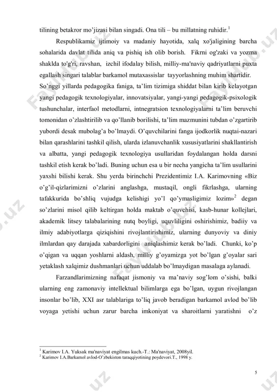 uzulishini hozirgi davr talabiga ko’tarish har tomonlama barkamol shahsni shakllantirishga bog’liq. chunki, jamiyat taraqqiyotining asosiy uning iqtisodiy va ijtimoiy rivojlanishi bilan bir qatorda shu jamiyatda yashayotgan fuqarolrning intelektual va ma’naviy samaradorligini ham belgilab beradi. shu nuqtai nazardan qaraganda har bir davlatning istiqbolimizning ta’lim tuzulishini qay darajada ekanligi bilan belgilanadi. yurtimiz mustaqillikka erishgan ilk yillardayoq mamlakatimizda ta’lim tuzulishini rivojlantirish bo’yicha keng qamrovli ishlar amalga oshirildi. ya’ni o’zbekiston respublikasi oliy majlisi sessiyasida (1997-yili 29-avgust) qabul qilingan, hamda bugungi kunda amaliyotga keng ko’lamda tadbiq etilayotgan “ta’lim to’g’risidagi”qonun hamda “kadrlar tayyorlash milliy dasturi” qabul qilinishi fikrimizning yorqin dalilidir. ushbu muhim hujjatlar asosida ta’lim tuzilishida tub islohotlar amalga oshirilmoqda. “ta’lim to’g’risida”gi qonun hamda “kadrlar tayyorlash milliy dasturi”ning muhim pog’onasi hisoblanadigan umumiy o’rta ta’lim maktablarida yuksak islohotlarni amalga oshirish ularda 1 2009 yilning asosiy yakunlari va 2010 yilda o’zbekistonni ijtomoiy-iqtisodiy rivojlantirishning eng muhim ustivor yo’nslishlariga bag’ishlangan vazirlar mahkamasining 2010 yil 29 yanvarda bo’lib o’tgan majlisidagi “asosiy …