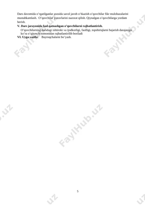 vazifa: bayroqchalarni bo’yash. 2019-2020 o`quv yili uchun kompetensiya asosida tuzilgan yillik dars ishlanmalarni to’liq olishni istaysizmi? dars ishlanmaning bahosi - 30.000 so`m to'lov quyidagi tartibda amalga oshiriladi: click uchun : *880* 8600332988107276*30000# payme uchun : 8600332988107276 1-sinflar uchun alifbe, yozuv, matematika, atrof olam, odobnoma, texnologiya, tasviriy san`at, ona tili, o`qish, musiqa, jismoniy tarbiya va boshqa fanlaridan kompetensiyaviy konspektlarimiz bor. biz bilan bog`lanish: telefon orqali : +99899 553 45 67 telegram orqali: +99899 553 45 67 dars ishlanmalar moxir o`qituvchilar tomonidan tuzib chiqildi. dars ishlanmalardan darsning texnologiyasini, metodlarini va kompetensiyalarini o`rganishda foydalaning! 3