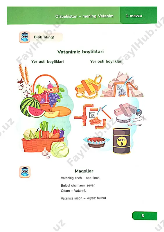 h. nuqtalar orniga kerakli sozlarni qoyib, gaplarni ko'chiring. sinfimiz katta va yorug. sinfimizda doska ... kitob javoni bor. doska ... televizor bor. deraza ...qullar qo'yilgan. partalarning ... tomonida kitob javonlari bor. javon ... har xil kitoblar qo'yilgan. foydalanish uchun sozlar: oldida, tepasida, yonida, orga, ichiga. magollar tozalik - sog'lig garovi. toza uyda dard qolmas. uyi tozaga gard yuqmas, gard yuqsa ham, dard yuqmas. 5-mavzu 15 5-mavzu sinf navbatchilari mashq. nuqtalar o'rniga kerakll so'zlarni qo'ylb, gaplarni ko'chiring. o'quvchining daftari, kitotb, ruchkalari stolning kitoblar kitob javonining ... qo'yilgan. doskaning ... doska lattasi bor. eshikning kitob javoni turibdi. 16 foydalanish uchun so'zlar: oldida, ustida, yonida, ichiga. 3-topshiriq. rasmlar yordamida mavzu bo'yicha tuzilgan boshqotirma javoblarini toplng. 1. yerning shar shaklidagi kichik nusxasi. 2. sinfni kislorodga to'yintiruvchi o'simliklar. 3. sinfdagi kitob-daftarlar turadigan jihoz. 4. yozuy taxtasi. 5. yoniga o'tirib dars qilinadigan joy. 6. ochganda toza havo kiradi. 7. ustozning ish qurollari turadigan joy. turibdi. mavzu: …