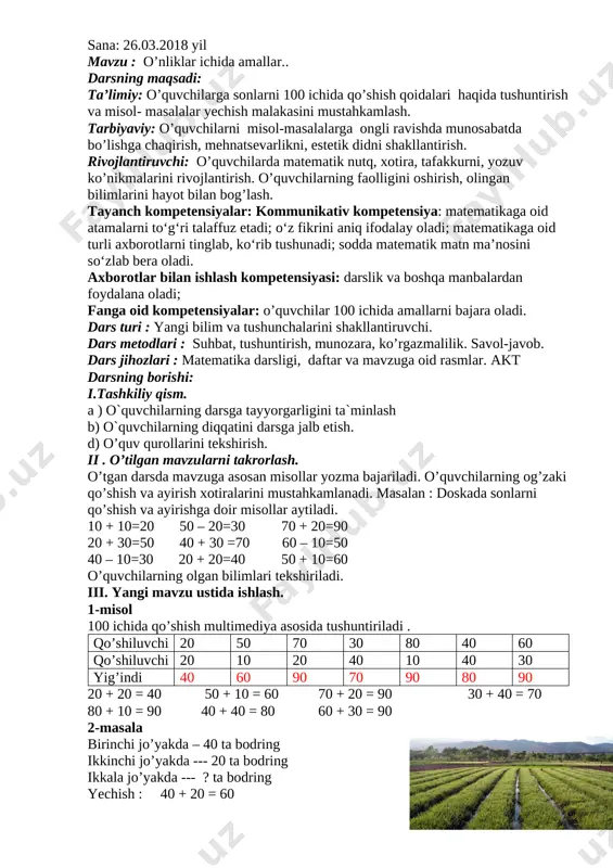 uvchilarning faolligini oshirish, olingan bilimlarini hayot bilan bog’lash tayanch kompetensiyalar: axborot bilan ishlash kompetensiya elementi:mavzu doirasida ko’rsatilgan multimedia ilovalariga ongli munosabat bildirish. fanga oid kompetensiyalar: o’rganilgan matematik usullardan kundalik vaziyatlarda mehnatni yengillashtirish maqsadida foydalana olish. darsning texnologik xaritasi t|r dars bosqichlari bajariladigan ish mazmuni bajariladigan ish shakli ajratilgan vaqt 1 tashkiliy qism o’quvchilarni darsga tayyorlash. navbatchi axboroti. suhbat. 3 daqiqa 2 o’tilgan mavzuni takrorlash o’tilgan mavzuni takrorlash. savol va topshiriqlar berib, xulosalash. savol- javob. 10 daqiqa 3 yangi mavzu ustida ishlash noma’lum ayriluvchini topish. ko’rgazmalilik. 20 daqiqa 4 yangi mavzuni mustahkamlash misol va masala ustida ishlash daftar bilan ishlash 10 daqiqa 5 darsni yakunlash va o’quvchilarni rag’batlantirish uyga vazifani tushuntirish rag’batlantirish. 2 daqiqa darsning borishi: i.tashkiliy qism. 1. o’quvchilarni va sinf daftarlarini darsga hozurlash. 1. o’quv qurollarini tekshirish. ii . o’tilgan mavzularni takrorlash. o’tgan darsda mavzuga asosan misollar yozma bajariladi. o’quvchilarning og’zaki qo’shish va ayirish xotiralarini mustahkamlanadi. masalan : doskada …