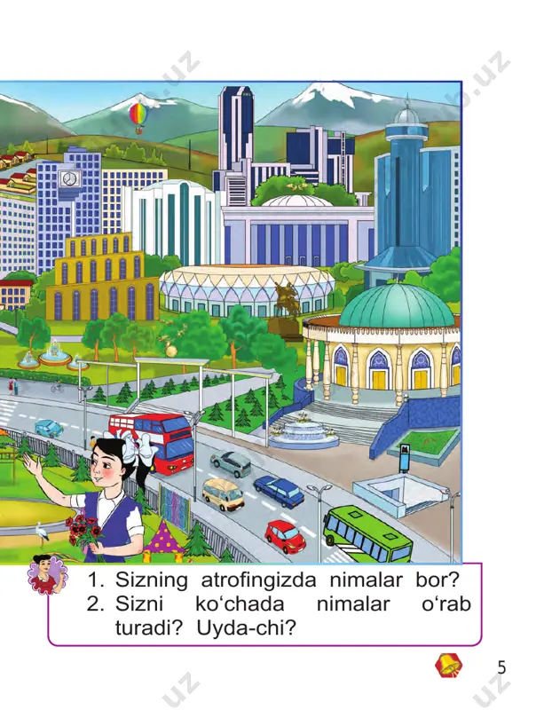 i ajrating. 2. ularning qaysilari madaniy o‘sim liklar deyiladi? – qayin – majnuntol – eman – chinor – kashtan – terak daraxtlarning barglarini eslab qoling: 22 o‘simlik qismlari va ularning o‘sishi aksariyat o‘simliklarning ildizi, shoxi, poyasi, bargi, guli va mevasi bo‘ladi. rasmlardagi o‘simliklarning ildizi, shoxi, bargi, guli va mevasini ko‘r- sating. mevasi mevasi shoxi tanasi ildizi bargi bargi poyasi ildizi guli guli 23 1. sabzavotlarning nomlarini ayting. 2. siz yana qanday ildizmevali sab- zavotlarni bilasiz? o‘simliklar ildizlarining xilma-xilligi. rasmlarni izohlang. rasmlarda nimalar tasvirlangan? qizil, sariq qoziqlarim, bizga ular oziqlarim. 1 2 3 24 o‘simliklarning xilma-xilligi qayrag‘ochterak daraxtlar butalar o‘t-o‘lanlar gullar nastarinqizil qorag‘at qamish eman anor yantoq moychechak ajriq atirgul kashtan na’matak rayhon lola boychechak 25 chap tomondagi gulning tuzilishiga qarang. o‘ng tomondagi gullarning qismlarini ayting. guli bandi ildizi bargi 1. o‘simliklarning turlarini ayting. 2. ular bir-biridan nimalari bilan farq qiladi? 26 dalalarda yetishtiriladigan ekinlar yurtimizda dalalarda turli sabzavot lar, g‘alla, …