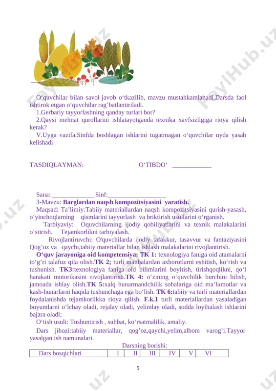 bu ishni kim qanday bajarishi o‘ziga havola va o‘z fantaziyalariga tayanib ish ko‘radilar.o‘qituvchi faqat namuna ko‘rsatadi halos. gerbariyni ko‘zadagi guldasta ko‘rinishida qilishlari mumkin,bunda qaychi,yelimdan foydalanadilar.qaychi,yelimdan foydalanishda qanday texnika xavfsizligi qoidalariga rioya qilish kerakligi eslab o‘tildi.o‘quvchilar mustaqil yasay boshladilar. yasash vaqtida qiynalgan o‘quvchilarga yoramlashib turiladi. [image: ][image: ]iv.mavzuni mustahkamlash. barglar [image: ]yordamida kuz manzarasini yaratish. [image: ] o‘quvchilar bilan savol-javob o‘tkazilib, mavzu mustahkamlanadi.darsda faol ishtirok etgan o‘quvchilar rag’batlantiriladi. 1.gerbariy tayyorlashning qanday turlari bor? 2.qaysi mehnat qurollarini ishlatayotganda texnika xavfsizligiga rioya qilish kerak? v.uyga vazifa.sinfda boshlagan ishlarini tugatmagan o‘quvchilar uyda yasab kelishadi tasdiqlayman: o‘tibdo‘ ____________ sana: _____________ sinf:__________________ 3-mavzu: barglardan naqsh kompozitsiyasini yaratish. maqsad: ta’limiy:tabiiy materiallardan naqsh kompozitsiyasini qurish-yasash, o‘yinchoqlarning qismlarini tayyorlash va briktirish usullarini o‘rganish. tarbiyaviy: oquvchilarning ijodiy qobiliyatlarini va texnik malakalarini o‘stirish. tejamkorlikni tarbiyalash. rivojlantiruvchi: o'quvchilarda ijodiy tafakkur, tasavvur va fantaziyasini qog’oz va qaychi,tabiiy materiallar bilan ishlash malakalarini rivojlantirish. o‘quv jarayoniga oid kompetensiya: tk 1: texnologiya faniga oid atamalarni to‘g‘ri …