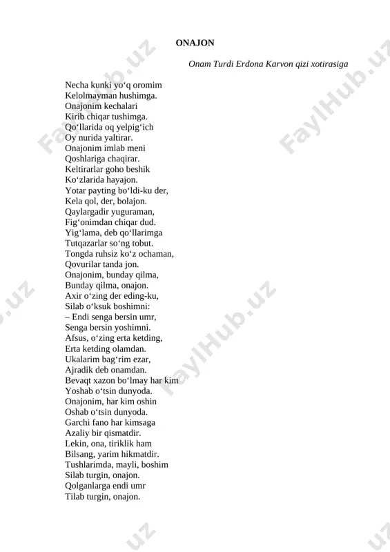 ay. chorasiz qotsa odam – muhabbatga suyangay, men kimga suyangayman, birinchi muhabbatim. faqat eslab yongayman, birinchi muhabbatim. nido bergil, qaydasan, sharpangga quloq tutdim, sirli tushlar ko‘rib men bor dunyoni unutdim. tongda turib nomingga ushbu she‘rimni bitdim, dildagi ohim mening, birinchi muhabbatim, yolg‘iz ollohim mening, birinchi muhabbatim. [bookmark: 2]onajon onam turdi erdona karvon qizi xotirasiga necha kunki yo‘q oromim kelolmayman hushimga. onajonim kechalari kirib chiqar tushimga. qo‘llarida oq yelpig‘ich oy nurida yaltirar. onajonim imlab meni qoshlariga chaqirar. keltirarlar goho beshik ko‘zlarida hayajon. yotar payting bo‘ldi-ku der, kela qol, der, bolajon. qaylargadir yuguraman, fig‘onimdan chiqar dud. yig‘lama, deb qo‘llarimga tutqazarlar so‘ng tobut. tongda ruhsiz ko‘z ochaman, qovurilar tanda jon. onajonim, bunday qilma, bunday qilma, onajon. axir o‘zing der eding-ku, silab o‘ksuk boshimni: – endi senga bersin umr, senga bersin yoshimni. afsus, o‘zing erta ketding, erta ketding olamdan. ukalarim bag‘rim ezar, ajradik deb onamdan. bevaqt xazon bo‘lmay har kim yoshab o‘tsin dunyoda. onajonim, …