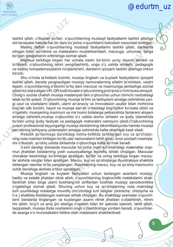 qilishi ko‘zda tutilgan vr, qr kodli ilovalar o‘qituvchining jonli ijrosi o‘rnini bosa olmaydi. cholg‘u sozida chalish musiqa madaniyati fani o‘qituvchisi uchun birinchi navbatdagi talab bo‘lib qoladi. o‘qituvchining musiqa ta’limi va tarbiyasini amalga oshirishda yan- gi usul va vositalarni izlashi, ularni an’anaviy va innovatsion usullar bilan mohirona bog‘lab olib borishi, hayot va musiqa san’ati o‘rtasidagi bog‘liqlikni ko‘rsata olishi va o‘rgatishi, musiqaning mazmuni va ma’nosini bolalarga yetkazishda fanlararo aloqani amalga oshirishi,musiqa o‘qituvchisi o‘z ustida doimo ishlashi va ijodiy izlanishida bo‘lishi uning ijodiy faoliyati va pedagogik mahoratini namoyon qiladi.o‘qituvchining yuqori professional tayyorgarligi musiqa darslarining takomillashuvida hamda musiqa san’atining tarbiyaviy potensialini amalga oshirishda katta ahamiyat kasb etadi. metodik qo‘llanmaga darslikdagi ketma-ketlikda tartiblangan kuy va qo‘shiqlar ning nota matnlari kiritilgan bo‘lib,ular namunalarni tahlil qilish, ovoz sozlash mashqla rini o‘tkazish, qo‘shiq ustida ishlashda o‘qituvchiga katta ko‘mak beradi. 3-sinf darsligi doirasida mavzular bo‘yicha matn ko‘rinishidagi materiallar maz- mun jihatidan bolalarning yosh xususiyatlariga muvofiq ishlab chiqilgan. mavzular choraklar …