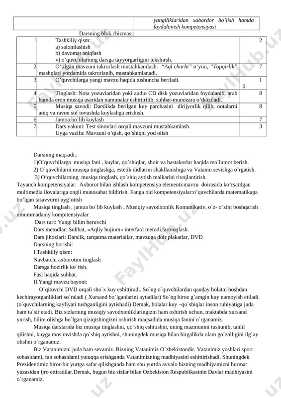on respublikasining davlat madhiyasini ijro etib kelishga tayyorlanib kelish topshiriladi.. dars yakunlandi. “ko`rib chiqildi va tasdiqlandi” o`tibdo`: ______________________________ fan: musiqa 1-sinf sana: ___________________ sinf: ______________________ 2-dars mavzu: biz yoqtirgan kuylar texnologik xaritasi maqsad vazifalar. maqsad: ta`limiy: musiqa savodida musiqiy atamalar, an’analar, templar (sur’at), intervallar, alteratsiya belgilari, dinamik belgilar, musiqaning ifoda tili, oddiy musiqa shakllari va janrlari, major va minorlari haqida tushuncha beradi. tarbiyaviy: milliy g‘urur, vatanparvarlik ruhida tarbiyalash, ijodiy mahorat, nafosat va badiiy didini o‘stirish. rivojlantiruvchi: jamoa bo‘lib kuylash faoliyati o‘quvchilarning musiqa – o‘quv qobiliyati hamda ijrochilik malakalarini rivojlantirish vazifalar:- musiqa madaniyati o‘quv fani bo‘yicha egallagan bilim, ko‘nikma va malakalarni amaliyotda qo‘llash orqali ularda kuzatuvchanlikni, musiqiy xotirani, obrazli tasavvur qilishni, ijodkorlikni, tashabbuskorlikni, badiiy va musiqiy didni rivojlantirish va fikr doirasini kengaytirish; o’quv jarayoning mazmuni o‘zbek va jahon kompozitorlari asarlarini va turli musiqiy janrlarni bir-biridan farqlay olish, tayanch va umumiy kompetensiyalarni shakllantirish va rivojlantirishdan iborat. o’quv jarayonini amalga oshirish texnalogiyasi uslub: …