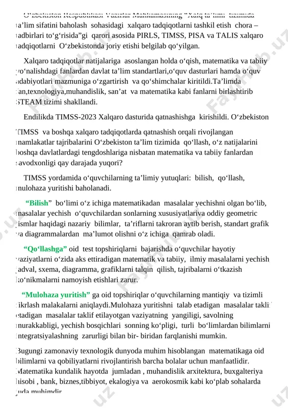 fanlardan bilimlar berib kelajakda o‘quvchilarning yuqori malakali mutaxassis bo‘lib yetishishiga yordam beradi va yaxshi bilim olishga intilishadi va uni darhol amalda qo‘llashadi. misol tariqasida boshqotirmada shakllar berilgan shu shakllarning nomlarini,va bu shakllar nimaga o‘xshashligini uni qaysi kasb egalari ishlatishini,shushakllardan yasagan uylaridan o‘tkir,o‘tmas , to‘g‘ri burchaklarni topib ham “aql va qo‘l” shioriga yana bir marta amin bo‘ladilar. ilm- fan quvnoq bo‘lishi kerak, u o‘quvchilar uchun qiziqarli va o‘ziga jalb qiluvchi dars bo‘lsa anashunda samara beradi. boshqotirmalar va qo‘shimcha mashqlar. timss topshiriqlari 1. javobi 111, 222, 555, 666, 777 bo‘lgan misollar tuzing. buning uchun o‘quvchi yuzlik,o’nlik va birlik qaysi o‘rinda yozilishini o‘ylab fikrlab, boshqotirib ishlashi kerak.shu o‘rinda “sirli kvadratchalar” o‘yin metodi orqali ham o’quvchilarga mavzuni tez tushunishga yordam beradi. 2 . duradgorda 9ta yog‘och taxta bor edi. u bir nechta taxtalarni har birini bo‘lakka bo‘lib arraladi.shunda taxtalar soni 33 taga yetdi.duradgor nechta taxtani bo‘laklarga bo‘lib arraladi? bunda o‘quvchi hisoblashning amaliy ahamiyati shundaki, …