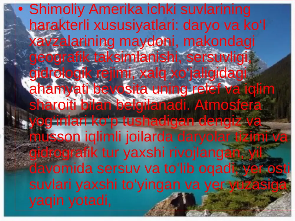 oyada michigan (chukurligi 265 m) va guron (chukurligi 222 m) ko‘llari joylashgan. yukori ko‘ldan sent-meri daryosi oqib chiqib guronga quyiladi. guron ko‘li michigan bilan makino bug‘ozi orkali tutashgan. bu zinapoyaning 174 m balandl1-1gida boshqa ko‘llardan o‘zining sayozligi bilan farq qiladigan eri ko‘li (chuqurligi 64 m) joylashgan. o n t a r i o eng past, balandligi dengiz satxidan 75 m ko‘tarilib turgan uchinchi zinapoyada ontario ko‘li joylashgan. eri ko‘lini ontario bilan uzunligi 54 km bo‘lgan niagara daryosi tutashtirib turadi. bu dare eri kulidan oqib chiqadi va ontario ko‘liga quyiladi. o‘rtacha yillik suv sarfi 5900 m3/sek. dolomitli ohaqtoshdan va gilli slanendan tuzilgan vodiy, ostonalar, sertepa qirlar suv oqimi ta’sirida yemirilib bormoqda daryo suvi katta balandlikdagi kuest-tik jarlikdan otilib tushib, dunyoga mashxur bo‘lgan niagara sharsharasini hosil qiladi. kozi oroli sharsharani ikki okimga bulgan. kanadadagi chap qismini kengligi 800 m, balandligi 48 m va aksh data unt qismini kengligi 300 m, balandligi 51 …