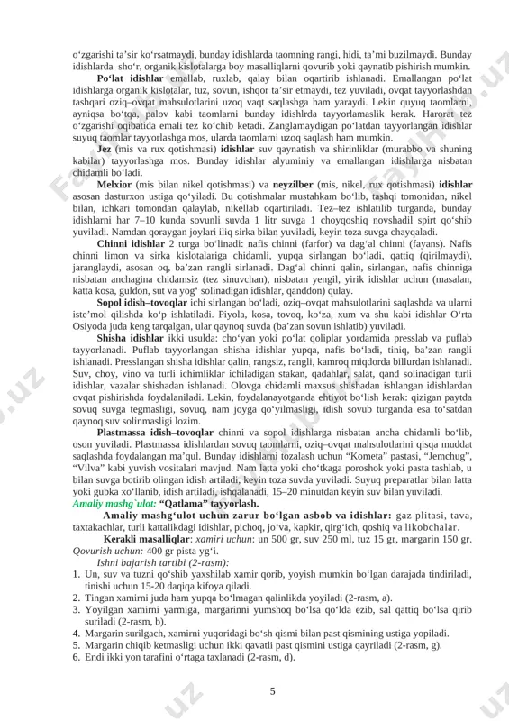– 3 bo‘lak, selderey – 0,5 bog‘ ishni bajarish tartibi: 1. qizigan qozonga 1 cho‘mich yog‘, so‘ng yupqa to‘g‘ralgan go‘sht, birozdan keyin piyoz solib yaxshilab qovuriladi. 2. shundan so‘ng pomidor (yoki tomat) solib yaxshilab qovurib, ketidan kartoshka,so‘ng selder, 3 dona sarimsoq piyoz solinadi. 3. keyin bulg‘or qalampirini solib, biroz qovurib, keyin suv solinadi. 4. o‘rta olovda yarim soatcha qaynagandan so‘ng selder bargini solib olovni o‘chiriladi. a b 1-rasm. guruch pishirish jarayoni iv.mustaxkamlash uchun savollar: 1. pazandachilik o‘quv xonasida qanday havfsizlik texnika qoidalariga rioya qilish zarur? 2. pazandachilik xonasida qanday sanitariya-gigiena qoidalariga rioya qilish lozim? 3. don mahsuloti turlariga nimalar kiradi? 4. unni qanday ekinlardan va qanday usullarda tortiladi? 5. un qanday tur, tip va sortlarga bo‘linadi? 6. unning sifati qanday ko‘rsatkichlar bilan aniqlanadi? v. darsni yakunlash: darsda faol qatnashgan o‘quvchilarni baholash, o‘quvchilarda shakllanishi mumkin bo‘lgan kompetensiyalarni tushuntirish, o‘quvchilarda shakllangan kompitentlikni to‘g‘ri yo‘naltirish. vi. uyga vazifani e’lon qilish: yangi mavzuni to‘liq …