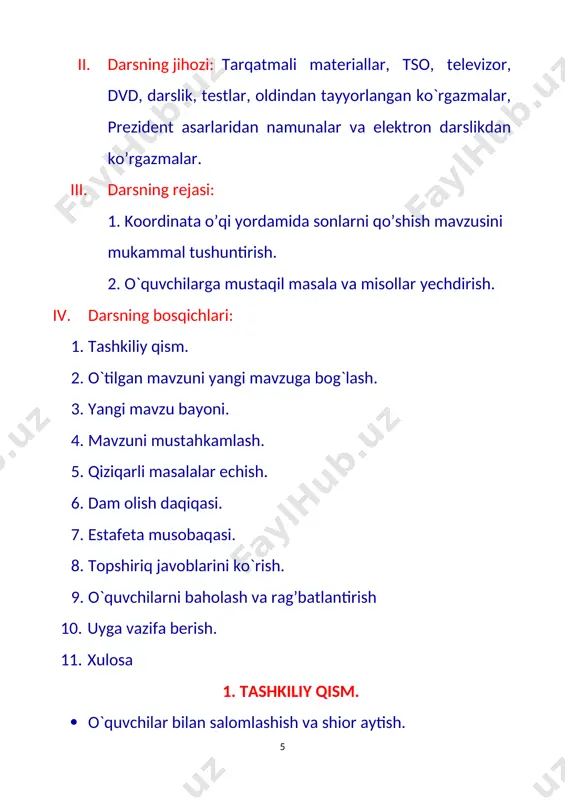 htiradilar. yangi mavzu bayoni: mavzu: koordinata o’qi yordamida sonlarni qo’shish. [image: image2.jpg] dars elektron darslik va slaydlar orqali namoiy etiladi. havo temperaturasi ertalab 18° c edi, deylik. peshinga borib, tempe-ratura 7° c ga o'zgardi, ya'ni temperatura avvalgisiga qaraganda ortdi va 18° c + 7° c = 25° c bo'ldi. bu temperatura avvalgisi bilan o'zgargani-ning yig'indisiga teng. kechga borib havo temperaturasi -10° c ga o'zgardi, ya'ni temperatura peshingiga nisbatan kamaydi va 15° c ga tushib qoldi. bu temperaturani ham avvalgisi bilan o'zgarganining yig'indisiga teng deb yoza olamiz: 25° c + (-10° c) = 15° c. umuman, k songa n sonni qo'shish k sonni n birlik o'zgartirish demakdir. har qanday son unga: musbat son qo'shilsa, ortadi, manfiy son qo'shilganda esa kamayadi. 1-misol. -6 va 4 sonlari yig'indisini toping. yechish. koordinata o'qida a (-6) nuqtani belgilaymiz va uni 4 birlik o'ngga siljitamiz. shunda a (-6) nuqta b (-2) nuqtaga o'tadi. demak, (-6) + …
