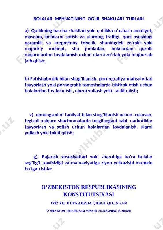 -modda) 24-bob.prokuratura. (4 ta modda, 118-121-moddalar) 25-bob. moliya va kredit. (3 ta modda, 122-124-moddalar) 26-bob. mudofaa va xavfsizlik. (2 ta modda, 125-126-moddalar) oltinchi bo’lim.konstitutsiyaga o’zgartirish kiritish tartibi. (2 ta modda, 127-128-moddalar) o’zbekiston respublikasining qonuni o’zbekiston respublikasi konstitutsiyasining ayrim moddalariga o’zgartirish va qo’shimchalar kiritish to’g’risida. (32, 78, 93, 98, 103, 117-moddalariga) qonunchilik palatasi tomonidan 2014 yil 27 martda qabul qilingan.senat tomonidan 2014 yil 10 aprelda ma’qullangan.o’zbekiston respublikasi prezidenti i.karimov tomonidan 2014 yil 16 aprelda imzolangan.№ o’rq – 366. 2014 yil 17 aprelda matbuotda e’lon qilingan va kuchga kiritilgan. o’zbekiston respublikasining konstitutsiyasiga ushbu o’zgartirish va qo’shimchalar hokimiyat va boshqaruv tizimini yanada demokratlashtirish, “kuchli davlatdan-kuchli fuqarolik jamiyati sari” prinsipi bosqichma-bosqich amalga oshirilishini ta’minlash, o’zbekiston respublikasi oliy majlisi palatalarining davlat hokimiyati organlasri tizimidagi rolini, ichki va tashqi siyosatning strategic vazifalarini amalga oshirishdagi huquq va vakolatlarini kengaytirish, vazirlar mahkamasi hamda ijro etuvchi organlar faoliyati ustidan qonun chiqaruvchi oliy organning, hokimiyat vakillik organlarining nazorat funksiyalarini kuchaytirish, …