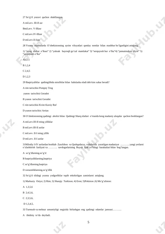 ishi bo’lgan davrni aniqlang. a matriarxat b patriarxal c ayol boshi d qirolichalik 38 insoniyat rivojining shunday bosqichidirki,unda erkak kishi jamiyat hayotida yetakchi mavqeiga ega bo’lib,qarindoshlik munosabatlari ham ota tomonga qarab belgilangan bosqichga……….deyiladi. a patriarxal b qirolichalik c qirollik dmatriarxat 39 ma’lumki tosh asri ancha uzoq davom etgan va shuning uchun ham uni quyidagi bosqichlarga ajratishadi.o’sha tartibi va nomini aniqlang. a paleolit,mezolit,neolit,enolit b paleolit,mezolit,enolit,neolit c paleolit,neolit,enolit,bronza d paleolit,enolit,bronza,temir 40 o’ta oddiy tosh mehnat qurollari yasashni biladigan eng qadimgi odam suyaklari topilgan joylar va ularning nomlarini to’g’ri belgilang. 1) janubiy afrika;2)fransiya; 3)sharqiy afrika;4) yava orollari;5) farg’ona;6) germaniya; 7) xitoy; a) kramanyon;b)avstrolopitek; c) zinjantrop; d) neandertal;e) sinantrop;f) pitekantrop; a 1- b;2-a;3-c;4-f;5-e;6-d;7-e b 1-d;2-c;3-a;4-e;5-d;6-f;7-b c 1-c;2-e;3-b;4-a;5-f;6-d;7-f d1-a;2-f;3-c;4-b;5-b;6-d;7-e 41 mashaqqatli sinovlarni boshdan kechirgan qadimgi odamlarni olimlar……..deb ataganlar. a zinjantrop b pitekantrop c neandertal d kramanyon 43 qadimgi odam manzilgohlari qaysi hududlardan topilgani ma’lum? a afrika,osiyo va yevropadan b afrika,yaponiya va yevropadan c afrika , …