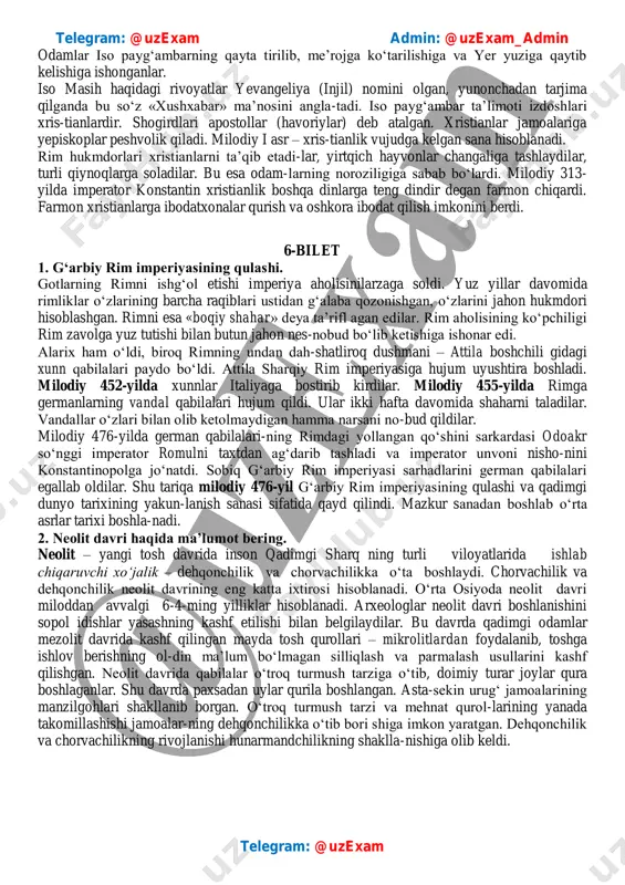 tr tezlikda suza olgan. yunon shahar-davlatlarining birlashganfl oti forslarning harbiy flotidan kuchli bo‘lgan. yengilganidan keyin kserks yunonistonni tark etishga majbur bo‘ldi. mil. avv. 479- yilda forslar afi nani bosib olishga yana bir marta urinib ko‘radilar. bi roq yunonlarning birlashgan lashkari plateya shahri yaqinida fors qo‘shinlarini tor-mor etdi. bu yunon-fors urushlaridagi eng yirik jang bo‘l gan. yunon-fors urushlari yunonlarning to‘- liq g‘alabasi bilan, mil. avv. 449 yildagi sulh natijasida yakunlandi. 5-bilet 1. ossuriya podsholigi. qadim zamonlarda ossuriyaliklar frot va dajla daryolari yuqori oqimidagi kichik hududni egallashgan. avval oshshur shahri, keyin esa nineviya shahri poytaxt bo‘lgan. aholisining asosiy mashg‘uloti dehqonchilik va savdo-sotiq edi. ossuriyaliklar jangari xalq bo‘lgan. ular qo‘shni yerlarga tez-tez hujum qilib turardilar. ossuriyaliklarning qudratli lashkari har yili yangi yerlarni zabt etishga erishganlar. bo‘ysundirilgan xalqlar ossuriya hukmdoriga katta miqdorda o‘lpon to‘lagan. shaharni bosib olgan ossuriyaliklar qal’a devorlarini, uylar va ibodatxonalarni buzib tashlab, aholini asirlikka haydab ketganlar. yurishlarda raqiblardan tortib olingan ham-ma …