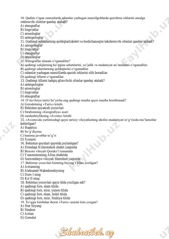 oshlik munosabatlari ona tomonga qarab belgilangan davr d) urug’ va oila boshlig’i ayol kishi bo’lgan davr 32. patriarxat – davri haqida noto’g’ri tarifni aniqlang. a) to’g’ri javob yo’q b) erkak kishi jamiyat hayotida yetakchi mavqeyga ega bo’lgan davr c) erkak kishi urug’ga sardor bo’lgan davr. d) qarindoshlik munosabatlari ota tomonga qarab belgilangan davr 33. urug’chilik tuzumi qachon nihoyasiga yetgan? a) mezolit davrida b) paleolit davrida c) matriarxat davri tamom bo’lishi bilan d) patriarxat davri tamom bo’lishi bilan 34. (6/1§)arxeologlar nima uchun insoniyat tarixi ibtidosini «tosh davri» deb atashadi? a) dastlabki mehnat qurollari asosan toshdan yasalgani uchun b) dastlabki qabilalar tog’larda yashagani uchun c) toshdan mehnat qurollari ko’proq topilgani uchun d) dastlabki turar joylar toshdan yasalgani uchun 35. paleolit atamasining ma’nosi nima? a) yangi tosh davri b) mis-tosh davri c) qadimgi tosh davri d) o’rta tosh davri 36. mezolit atamasining ma’nosi nima? a) o’rta tosh davri b) yangi tosh davri c) …