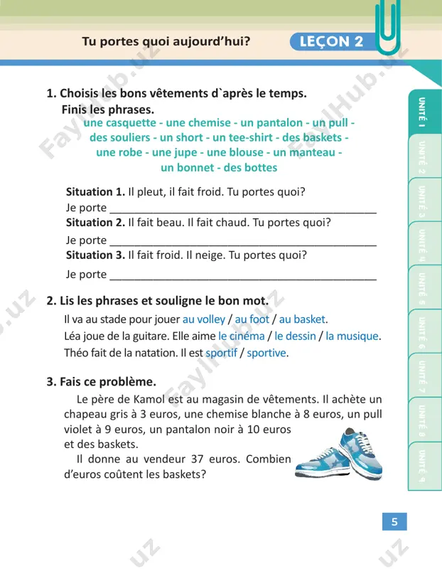 grands parents. la mère de ma mère est ma grand-père / grand-mère. le père de mon père est mon grand-père / grand-mère. les parents de mes parents sont mes parents / grands parents. ______frères sont gentils. je te présente ____ famille. _______ sœur s’appelle aziza. _______ parents sont français. je vais chez _____ oncle. ce sont ______ grands-parents. _________________________________________________ _________________________________________________ _________________________________________________ _________________________________________________ ______________________________ ______________________________ ______________________________ ______________________________ tu habites avec qui ? leçon 2 14 j’ai deux frères 1. lis les phrases et associe-les aux images. 2. relie chaque nombre avec son énoncé en lettres. 3. décris ta famille d'après le modèle. modèle: mon grand-père s’appelle andré. il a 60 ans. il est français. ma grand-mère s’appelle zamira. elle a 55 ans. elle est ouzbèke. ____________________________________________________ ____________________________________________________ ____________________________________________________ j’ai un frère j’ai une sœur et deux frères j’ai une sœur j’ai un frère et une sœur trente-deux trente-neuf trente-quatre trente-six trente-et-un …