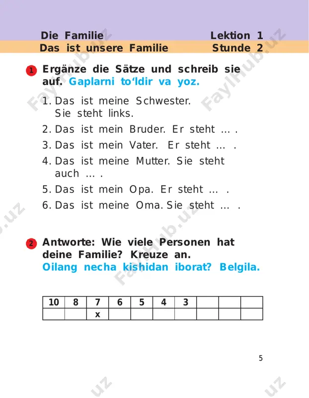 ion 4 mein zimmer stunde 1 gegenstände für mein zimmer wie sind diese gegenstände? schreib auf. jihozlarning qandayligini yoz. das bücherregal ist modern der schrank der schreibtisch die uhr das spielzeug das bett hoch braun klein rund schön alt modern trenne die wörter ab und schreib sie auf. so‘zlarni ajratib yoz. bücherregalschrankbett schreibtischspielzeug 1 2 1717 1 mein zimmer lektion 4 das esszimmer stunde 2 antworte und ergänze die sätze. javob ber va gaplarni to‘ldir. 1. was ist das? 2. ist das das zimmer von adiba? ja, 3. was hat adiba in ihrem zimmer? sie hat ein …, einen …, eine …, sie hat viele mal die kästchen aus: der = blau, das = grün, die = rot. kataklarni bo‘ya: der = ko‘k, das = yashil, die = qizil. tisch spielzeug computer regal tischlampe teppich bett stuhl schrank 2 1818 lektion 4 mein zimmer stunde 3 meine bibliothek ergänze die …