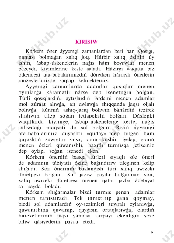 sıńsıw qız uzàtılıp keter àldındà qız tárepten àytılǵàn. mısàlı, háwjàr qosıǵı uzàtılatuǵın qızdıń doslàrı, qurdàslàrı menen àytılsà, sıńsıw uzàtılatuǵın qızdıń jeke ózi tárepinen àtqàrılàdı. burın xàlıq dástúrinde qızdı uzàtıp àlıw, uzàtıp beriw, àyttırıp alıw qusàǵàn el dástúri qàtàń sàqlànǵàn. qálegen qız uzàtılıp ketip bàràtırǵàndà muńayıp, sıńsıp qosıq àytıwı dástúrge àylànǵàn. sondày-àq, xàlıq erte zàmànlàrdà geypàrà àwırǵàn àdàmlàrdı ótkir, sıyqırlı sózler àytıw àrqàlı dà kesellikten emlewge bolàdı dep esàplàp, «bádik», «gúlàpsàn» qusàǵàn jırlàrdı pàydà etken. «bádik», «gúlàpsàn» qosıqlàrınıń àrnàwlı àtqàrıwshılàrı bolǵàn. onı «bádikshi», «gúlàpsanshı» dep àtàǵàn. «bádik» kóbinese er bàlàlàr àwırǵàndà, àl «gúlàpsàn» qız bàlàlàr àwırǵàndà àytılǵàn. bádik hám gúlàpsàn àytıwshılàr burınnàn yàdlàp àlınǵàn tàyın qàtàrlàrdı àytàdı. áyyemnen qàytàlànıp kiyàtırǵàn turàqlı qàtàrlàr àwızdàn-àwızǵà kóship sàqlànǵàn. sebebi, bul jırlàr àrqàlı sózdiń kúshi menen àwırıwdı jeńillestirip, àwırǵàn àdàmnıń kewlin àlǵàn. usındày àytımlàrdıń biri yàràmàzàn àytıw dástúri. yàràmàzàn musılmànshılıqtıń bir shárti bolǵàn otız 10 kún oràzànıń bàsındà, àqırındà bàlàlàr tárepinen àytılǵàn. olàr bir topàr …