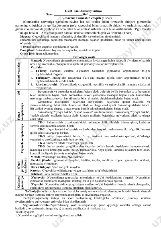 arni kerib va bukib sakrash; gimnastika “kozyoli”dan oyoqlarni kerib sakrab 900 ga burilib tushish). (1 soat). maqsad: o’quvchilarni jismoniy sifatlarini, chidamlilik va tezkorlikni rivojlantirish. chidamlilikni oshirishga qaratilgan mashqlarni mustaqil bajarish qoidalarini bilish va ularga amal qilishni o’rgatish. dars jihozi: sekundamer, bayroqcha, arqoncha, xushtak va to’plar. o’tish joyi: sport zali, maydon. texnologik xarita maqsad, vazifalar maqsad: o`quvchilarda gimnastika elementlaridan foydalangan holda harakatli o`yinlarni o`rgatish orqali egiluvchanlik, chaqqonlik va epchillik jismoniy sifatlarini rivojlantirish. vazifalar: 4. ta`limiy. harakatli estafeta o`yinlarini bajarishda gimnastika anjomlaridan to`g`ri foydalanishni o`rgatish. 5. tarbiyaviy. mashg`ulot jarayonida o`z-o`zini nazorat qilish, sport anjomlaridan to`g`ri foydalanish hamda ozoda tutish. 6. rivojlantiruvchi. o`quvchilarda chaqqonlik, epchillik va egiluvchanlik jismoniy sifatlarini rivojlantirish. fanga oid kompetensiya buyumlarsiz va buyumlar mashqlarni bajara oladi. juft-juft bo‘lib buyumlarsiz va buyumlar bilan mashqlarni bajara oladi. gimnastika devori yordamida mashqlar bajara oladi. gimnastika narvoniga navbatma-navbat har xil usullar bilan tirmashib chiqish mashqlarini bajara oladi. gimnastika mashqlarini bajarishda me’yorlarini bajarishda qomat buzilishi …