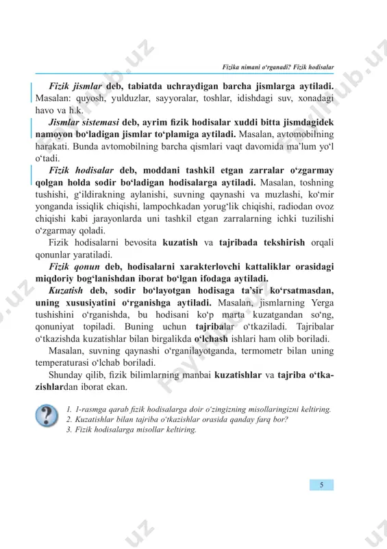 alari kabi mavzularga bag‘ish langan ishlari ham mavjud. umar xayyom o‘sha davr uchun ancha mukammal lashgan taqvim (kalendar)ni ishlagan bo‘lsa, umar chag‘miniy yer o‘qining og‘maligi tufayli fasllar almashinib turishini qayd qilgan. fizikaning keyingi taraqqiyoti yevropa bilan bog‘langandir. chex olimi n. kopernik birinchi bo‘lib quyosh sistemasining tuzilishini to‘g‘ri talqin qilib berdi. lekin bu ta’limotni qabul qilish oson kechmaydi. italyan olimi g. galiley va nemis olimi i. kepler o‘z tajribalariga hamda hisoblashlariga asoslanib ta’li motni tasdiqlaydilar. birinchi bo‘lib osmon jismlarini teles kopda kuzatgan olim ham galiley edi. uning, ayniqsa, jismlarning erkin tushishiga doir ishlari diqqatga sazovordir. buyuk ingliz olimi i. nyuton fi zikaning rivojlanishiga beqiyos hissa qo‘shgan. quyosh va sayyoralar harakati sabablari, kuch va uning jism fizika taraqqiyoti tarixidan ma’lumotlar kirish 88 harakatiga ta’siri, yorug‘lik rangi haqidagi ilmiy ixtirolar uning qalamiga mansub. xviii–xix asrlar fan yutuqlarini amaliyotda qo‘llash davrlari bo‘ldi. bu davrlarda fan bilan juda ko‘plab olimlar shug‘ullanganlar. birinchi bug‘ mashina larining …
